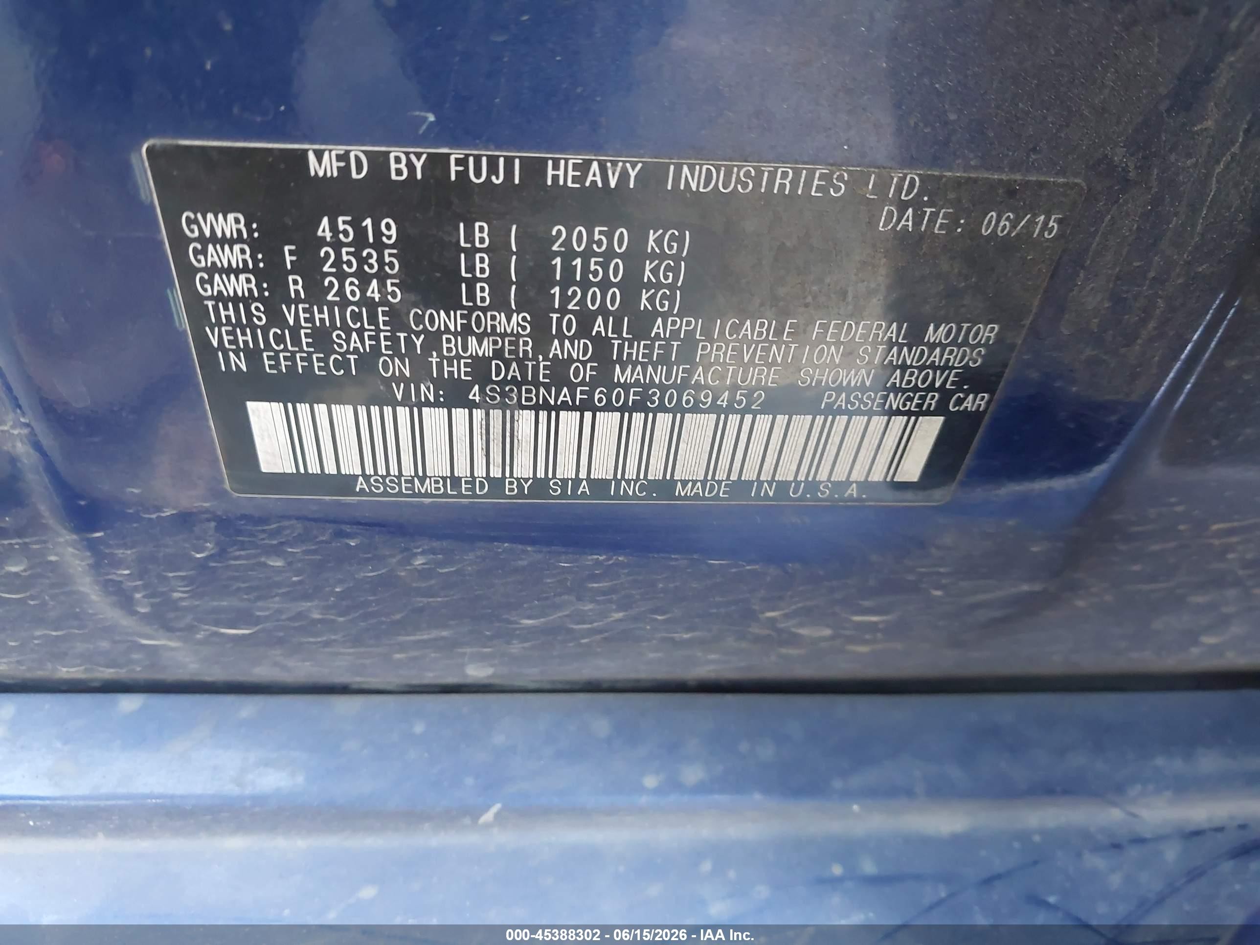 2015 Subaru Legacy 2.5i Premium Blue vin: 4S3BNAF60F3069452