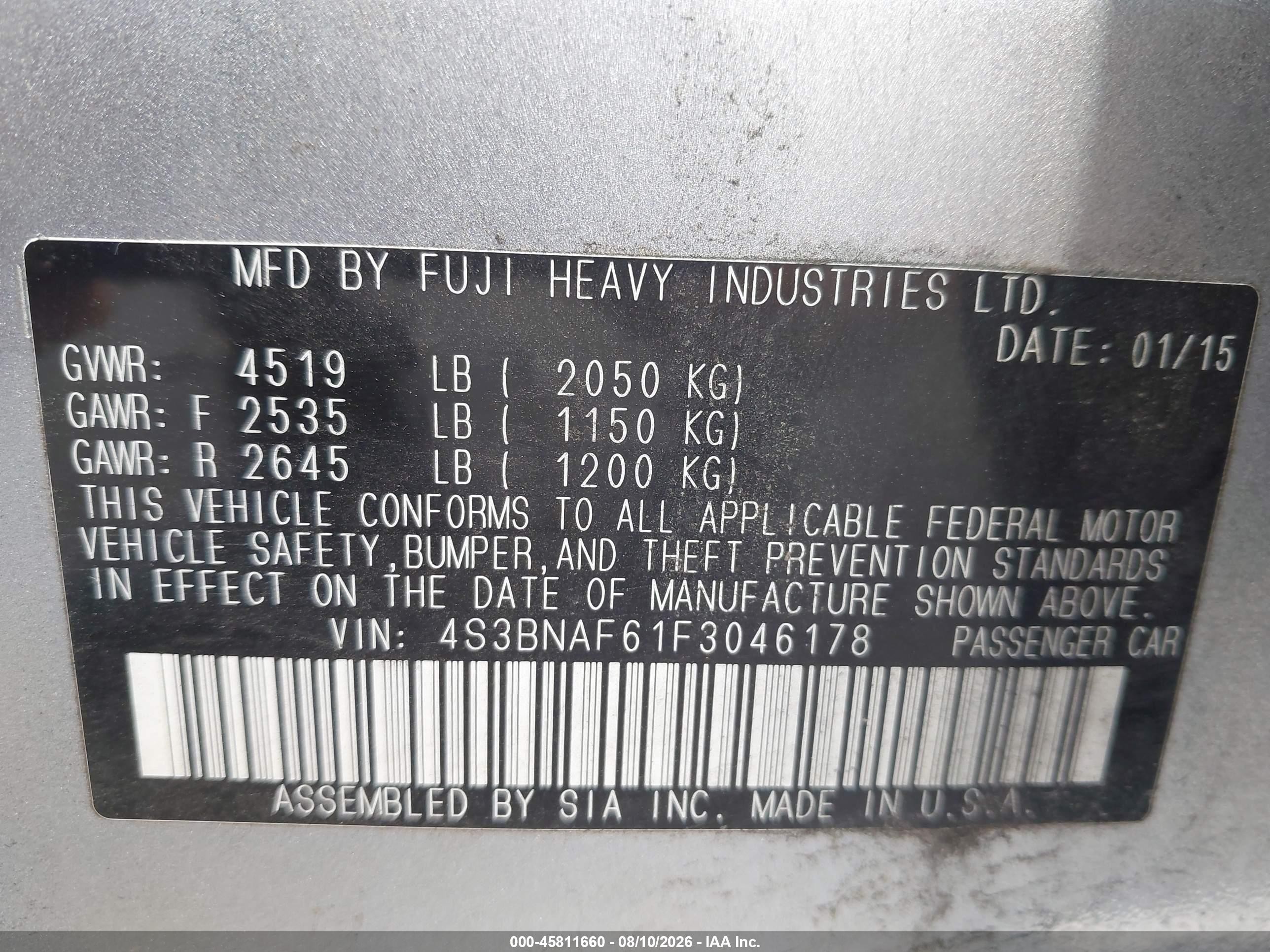 2015 Subaru Legacy 2.5i Premium Silver vin: 4S3BNAF61F3046178