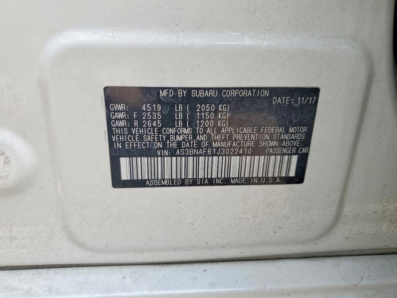 2018 Subaru Legacy 2.5i Premium White vin: 4S3BNAF61J3022410