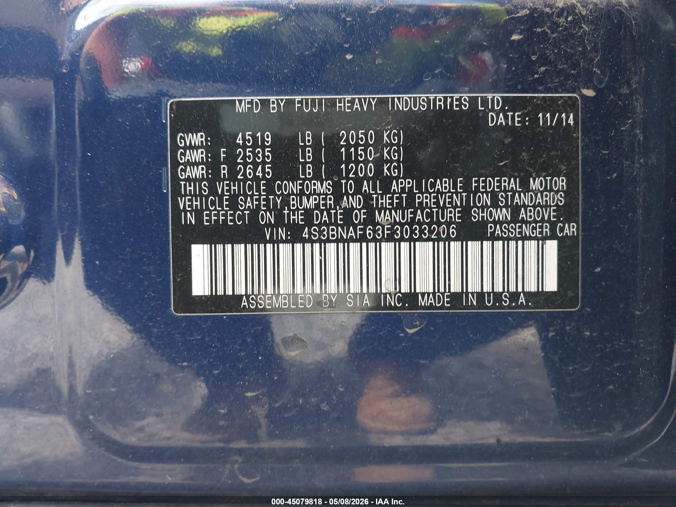 2015 Subaru Legacy 2.5i Premium Blue vin: 4S3BNAF63F3033206