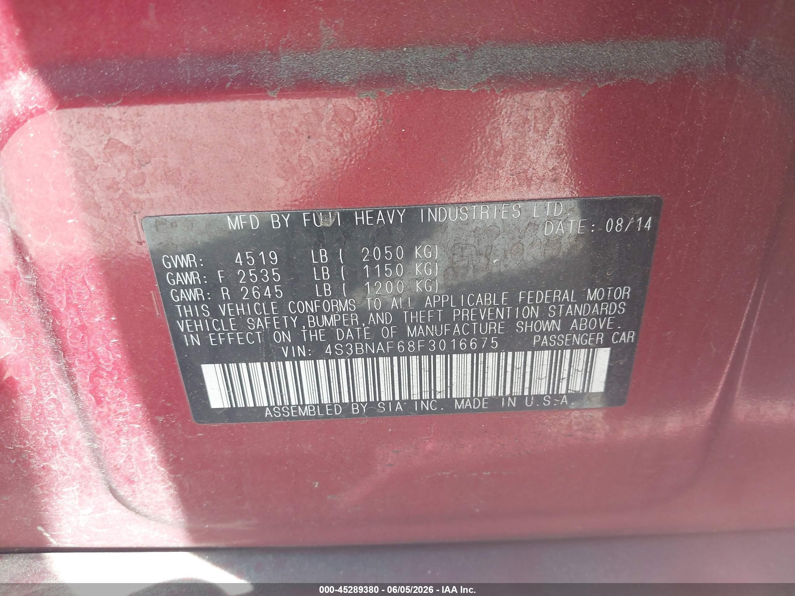 2015 Subaru Legacy 2.5i Premium Red vin: 4S3BNAF68F3016675
