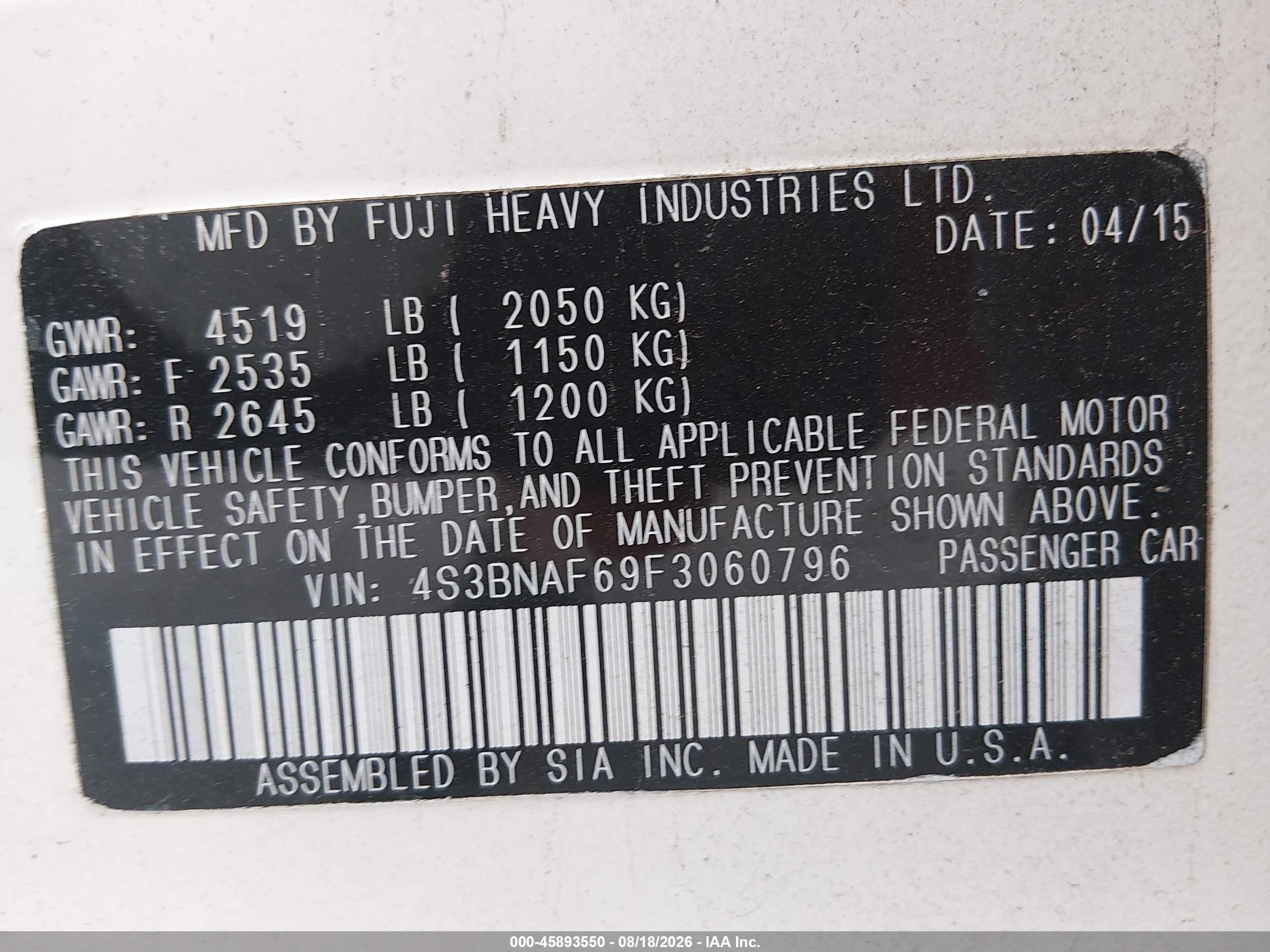 2015 Subaru Legacy 2.5i Premium Белый vin: 4S3BNAF69F3060796