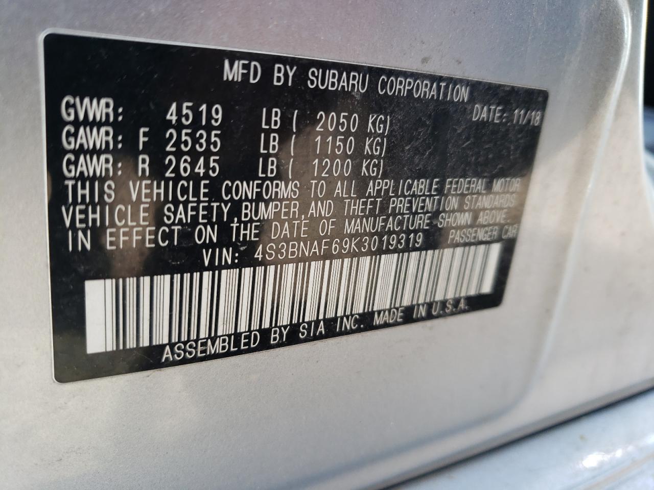 2019 Subaru Legacy 2.5i Premium Silver vin: 4S3BNAF69K3019319