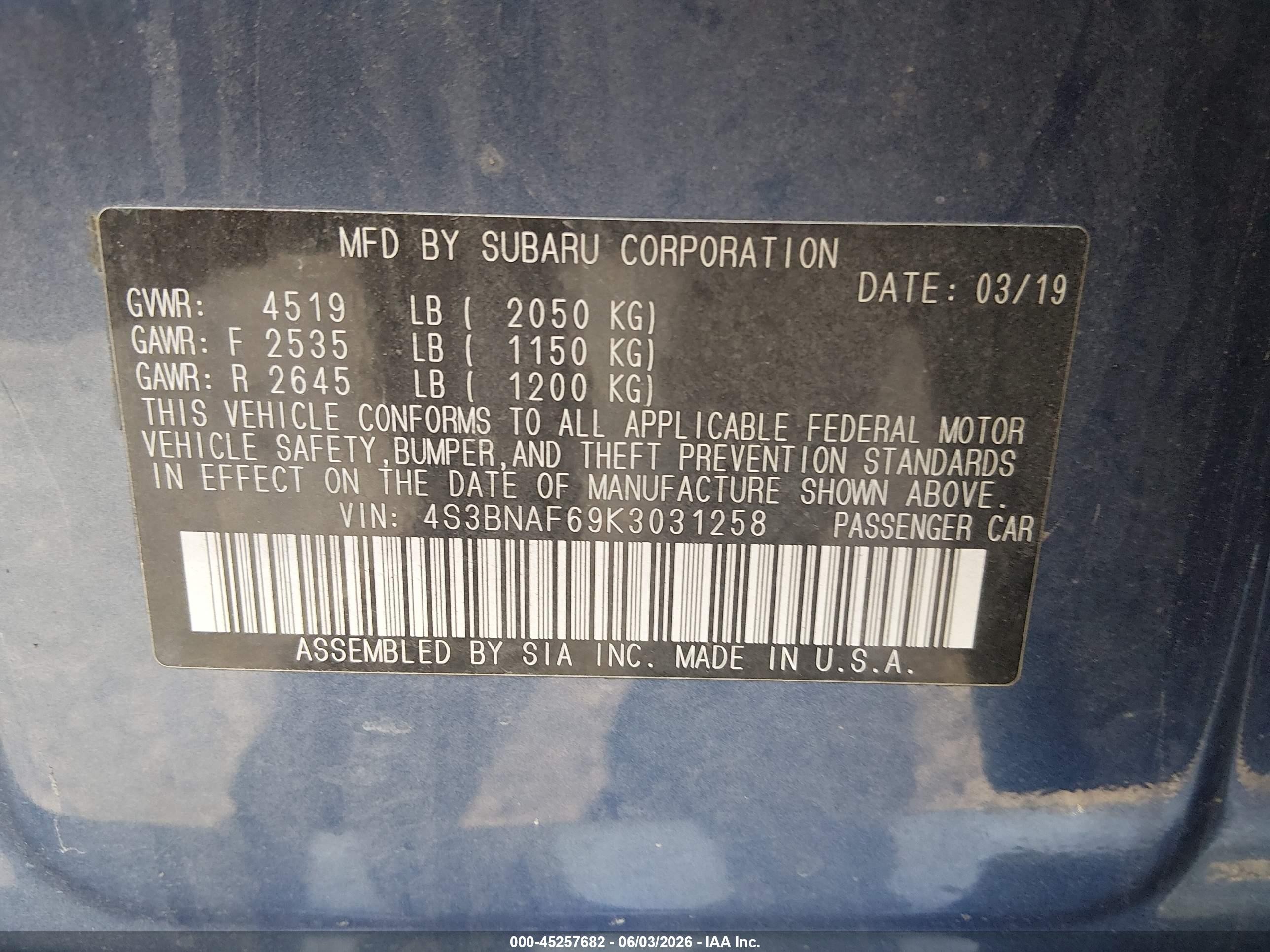 2019 Subaru Legacy 2.5i Premium Синий vin: 4S3BNAF69K3031258