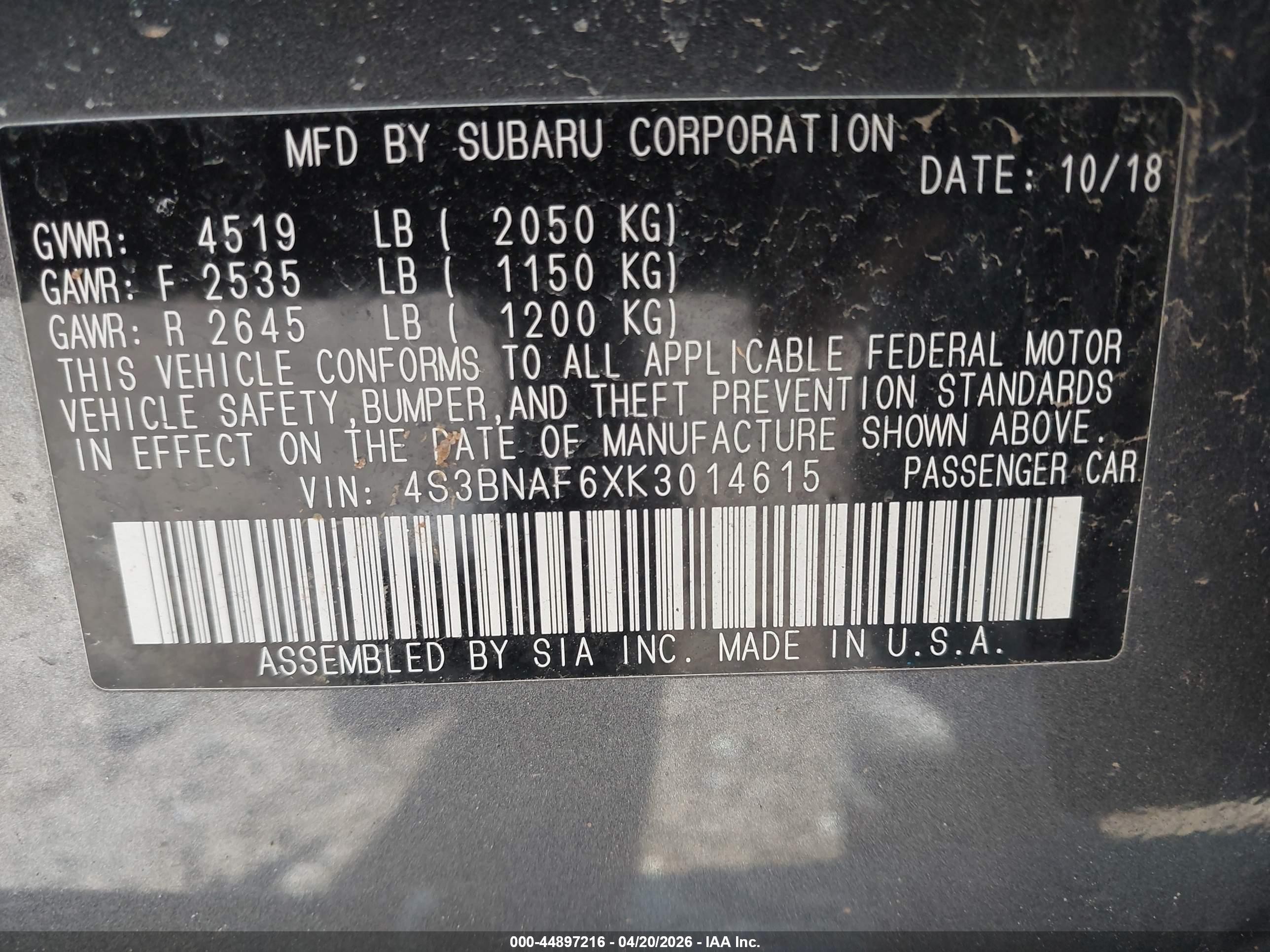 2019 Subaru Legacy 2.5i Premium Gray vin: 4S3BNAF6XK3014615