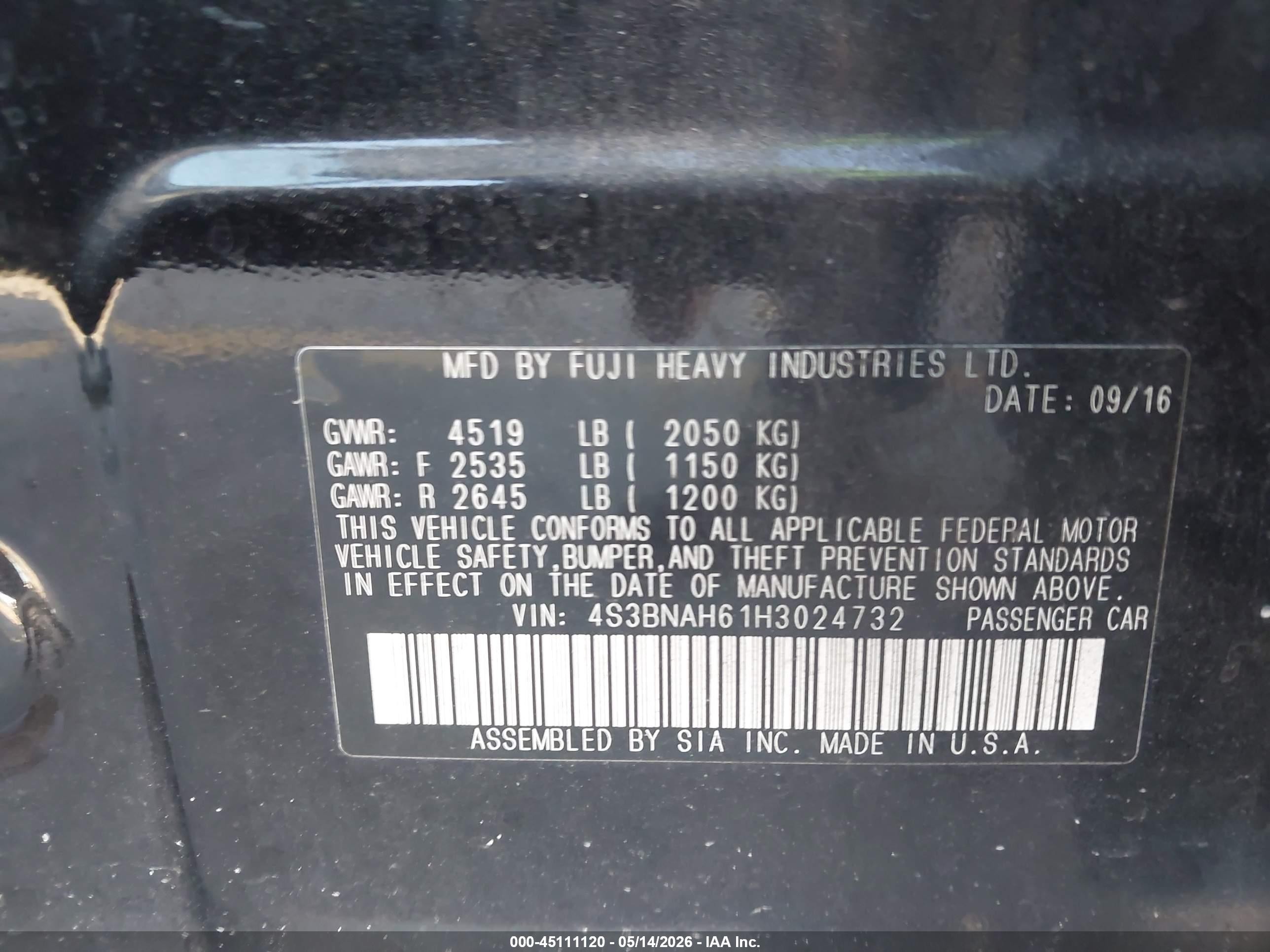 2017 Subaru Legacy 2.5i Premium Black vin: 4S3BNAH61H3024732