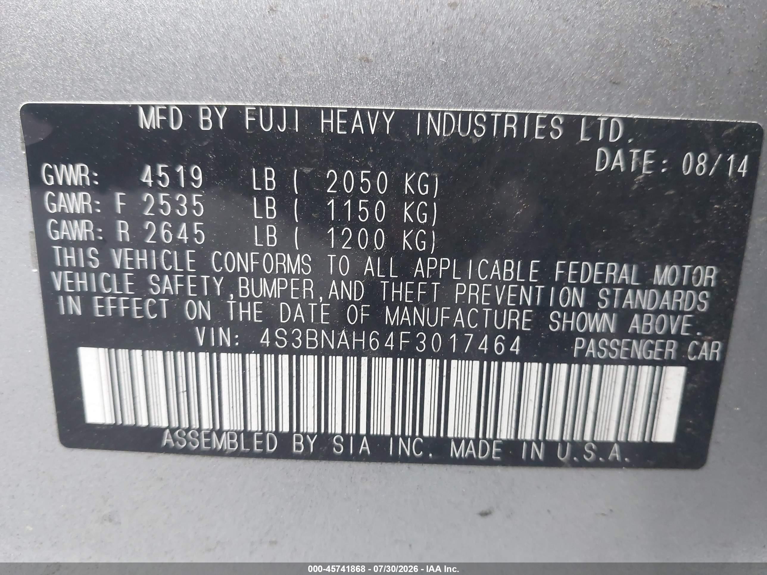 2015 Subaru Legacy 2.5i Premium Silver vin: 4S3BNAH64F3017464