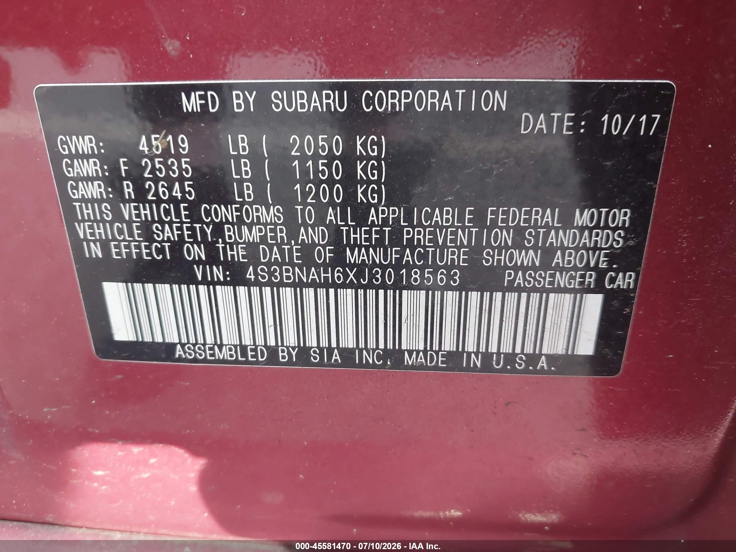 2018 Subaru Legacy 2.5i Premium Red vin: 4S3BNAH6XJ3018563