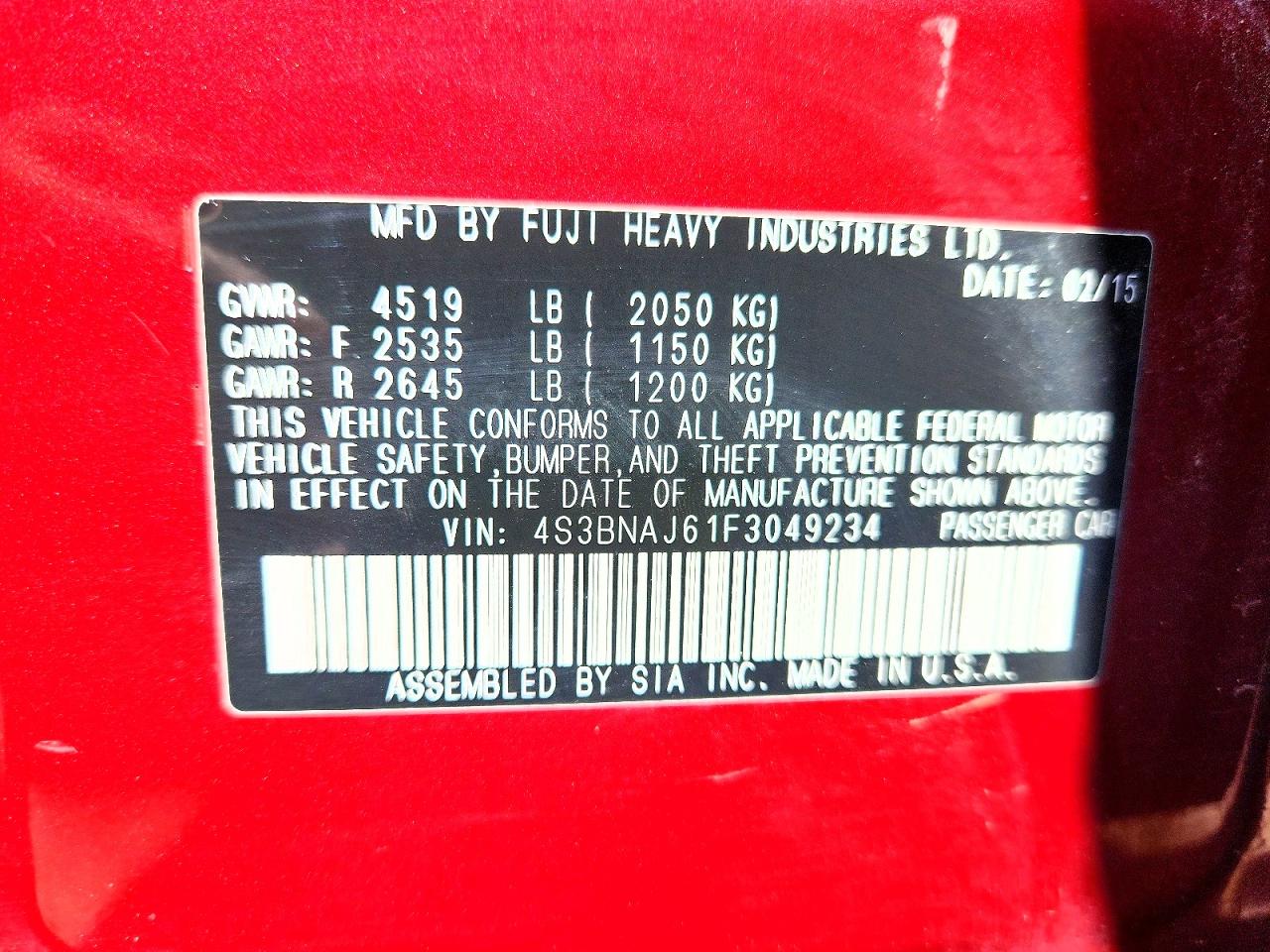 2015 Subaru Legacy 2.5i Limited Red vin: 4S3BNAJ61F3049234