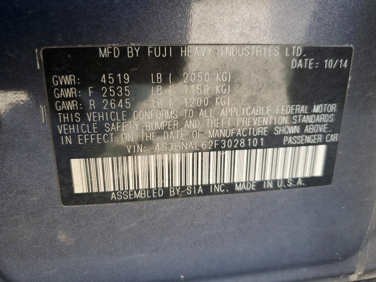 2015 Subaru Legacy 2.5i Limited Charcoal vin: 4S3BNAL62F3028101