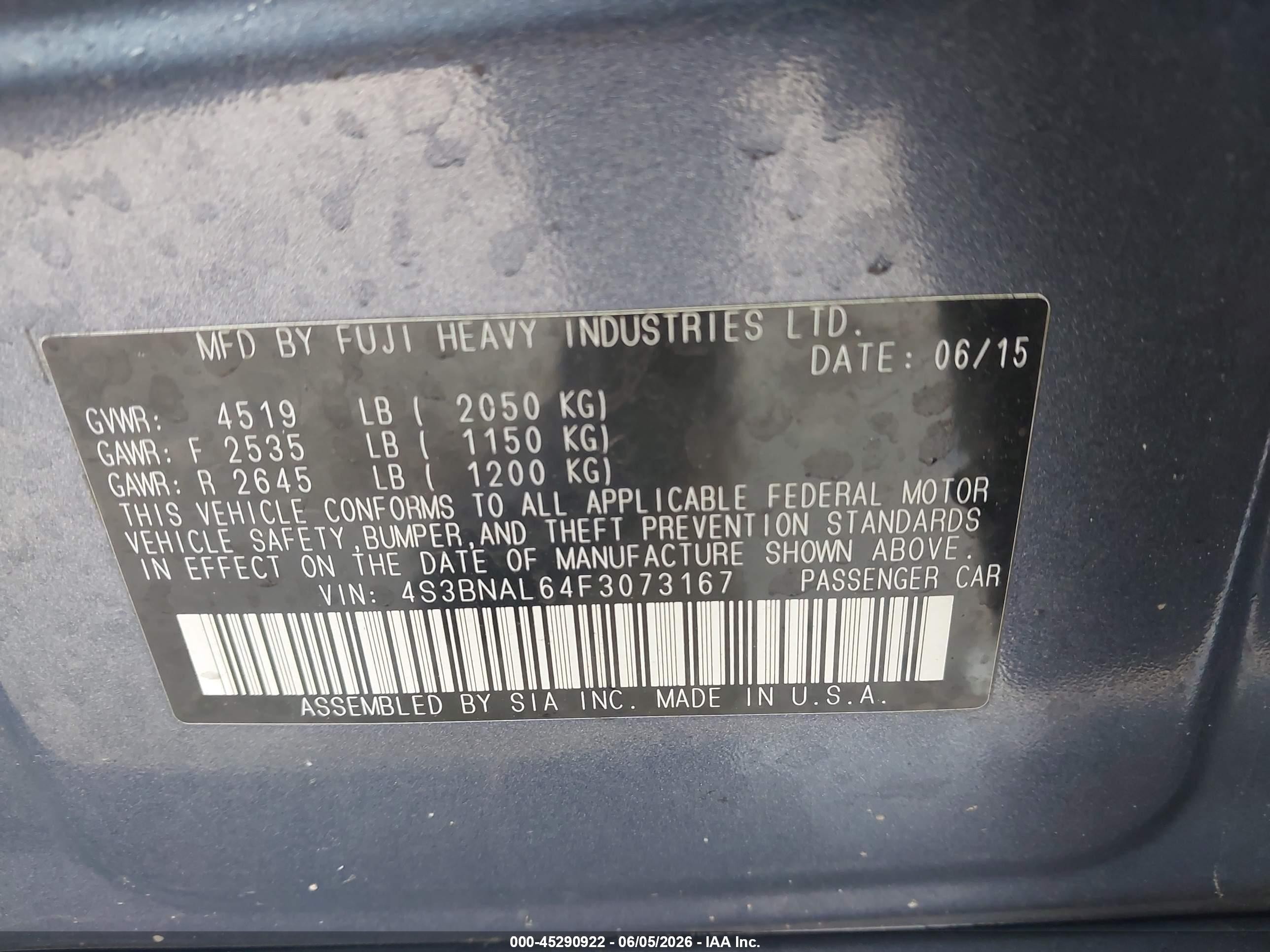 2015 Subaru Legacy 2.5i Limited Blue vin: 4S3BNAL64F3073167