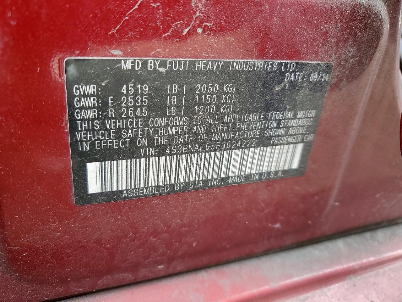 2015 Subaru Legacy 2.5i Limited Бордовый vin: 4S3BNAL65F3024222