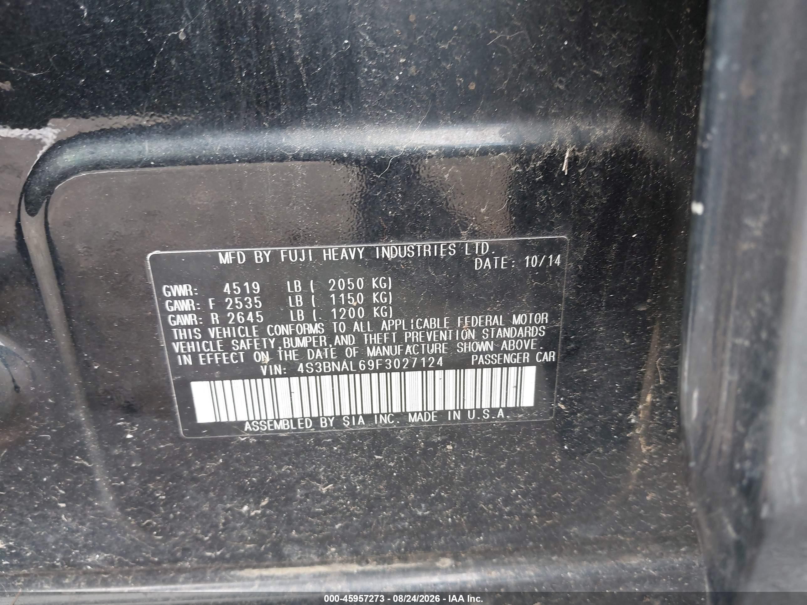 2015 Subaru Legacy 2.5i Limited Black vin: 4S3BNAL69F3027124
