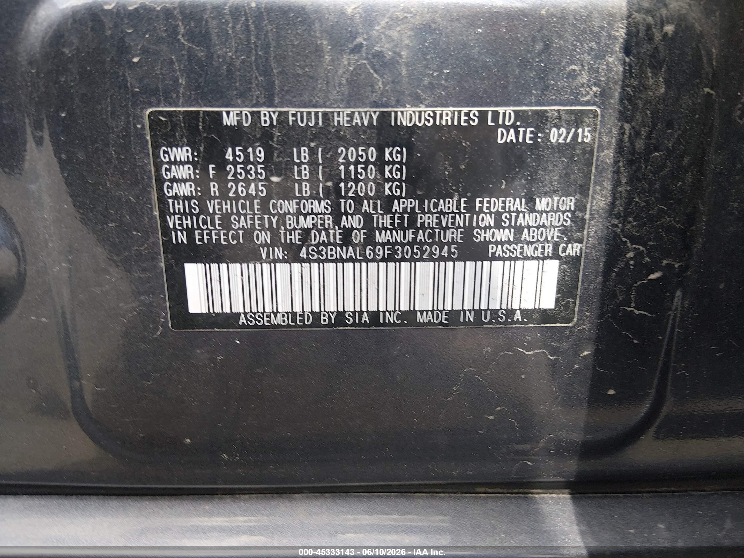 2015 Subaru Legacy 2.5i Limited Gray vin: 4S3BNAL69F3052945