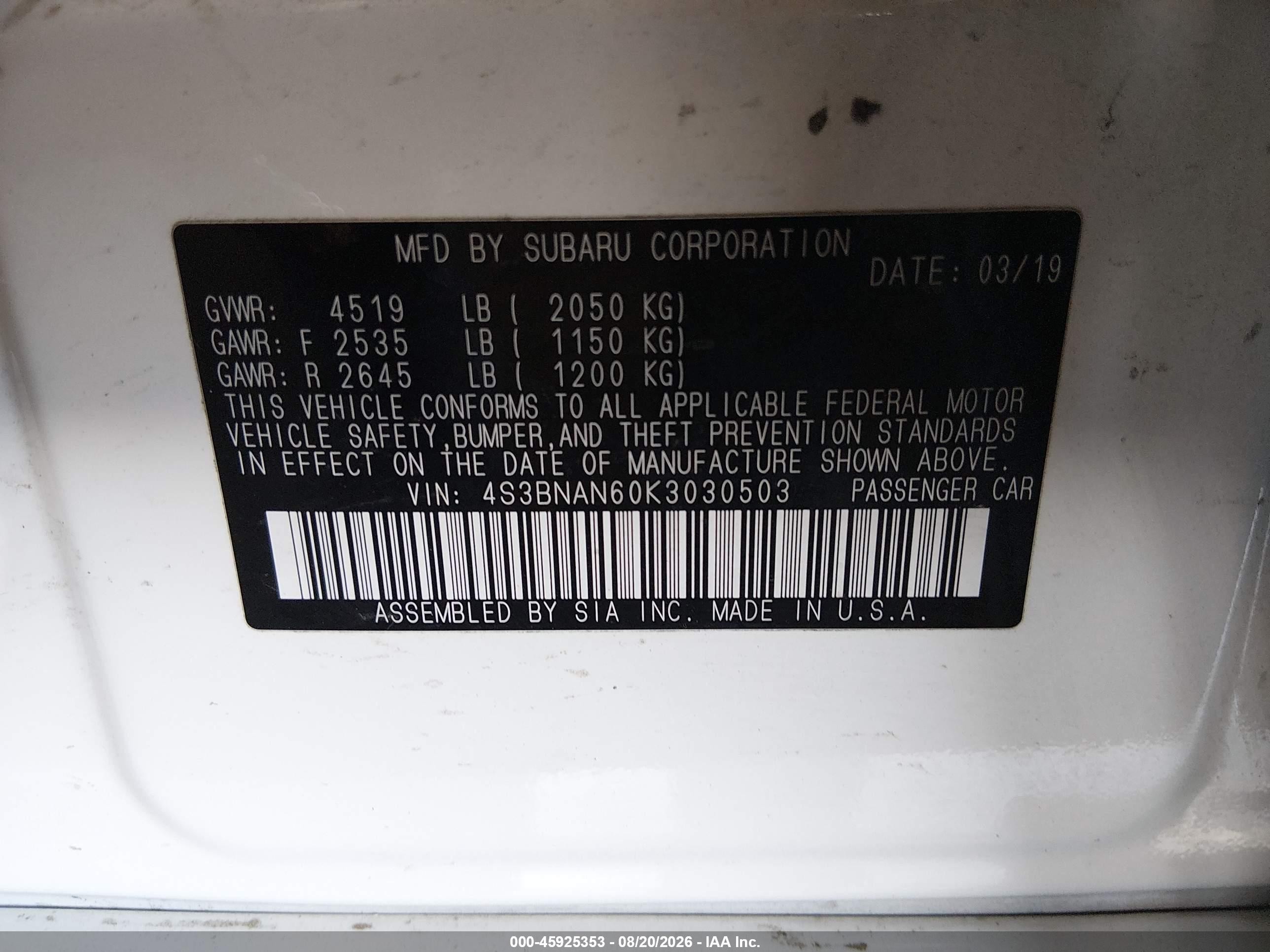 2019 Subaru Legacy 2.5i Limited White vin: 4S3BNAN60K3030503