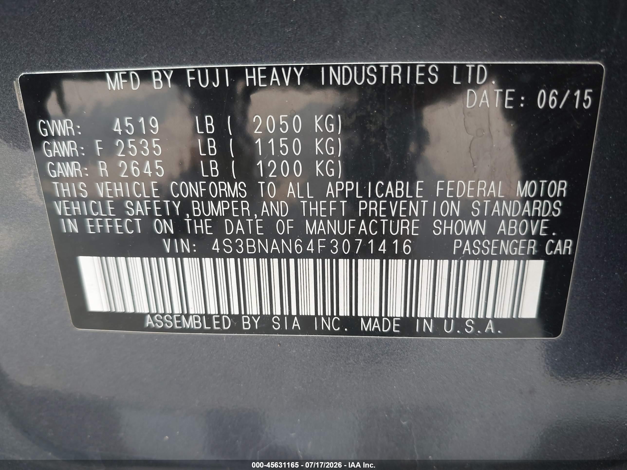 2015 Subaru Legacy 2.5i Limited Blue vin: 4S3BNAN64F3071416