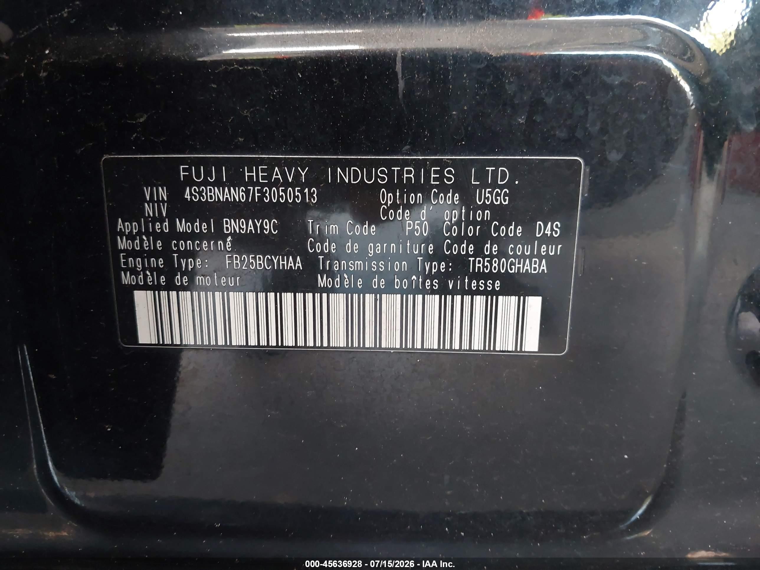 2015 Subaru Legacy 2.5i Limited Black vin: 4S3BNAN67F3050513