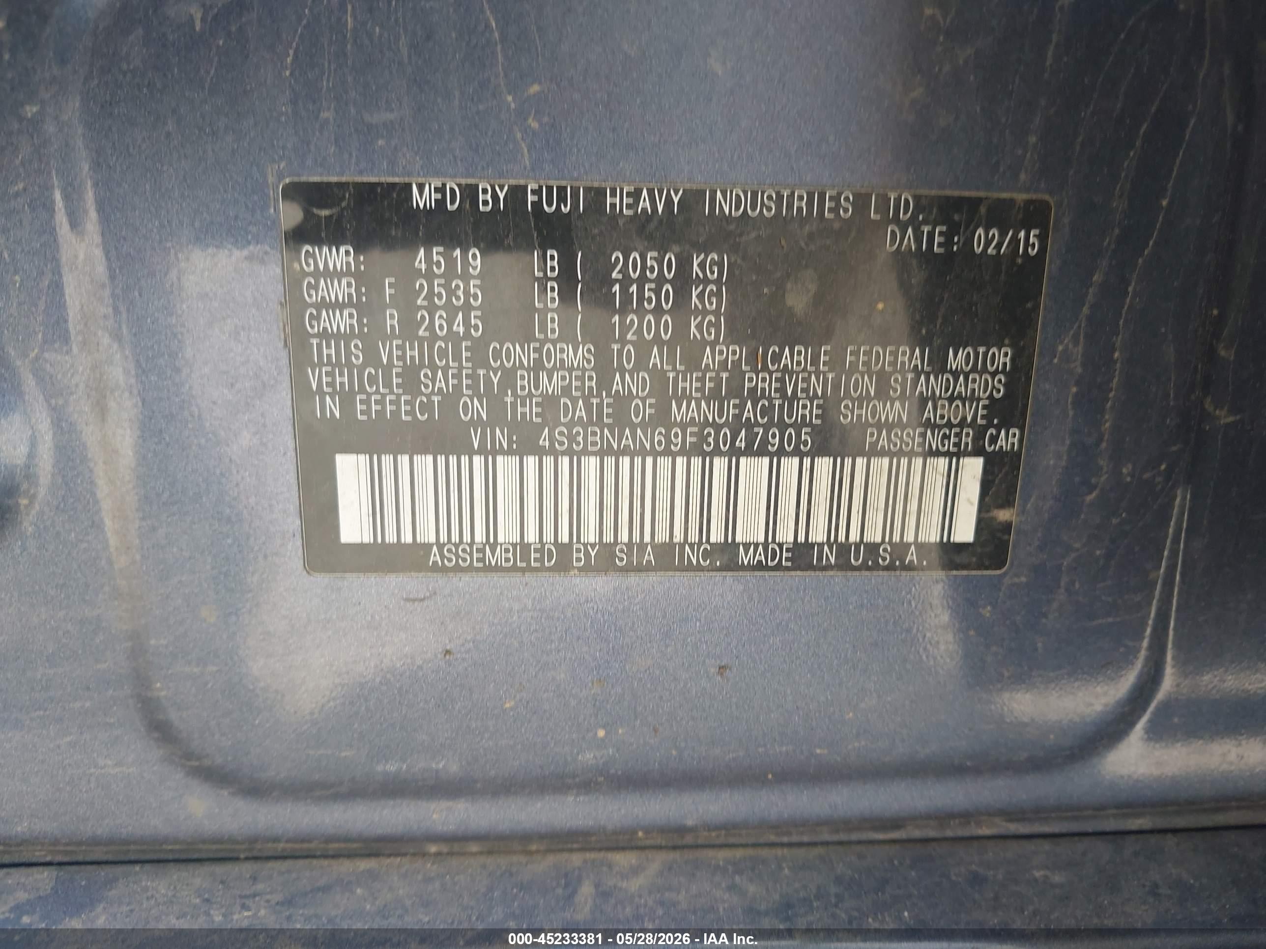 2015 Subaru Legacy 2.5i Limited Blue vin: 4S3BNAN69F3047905