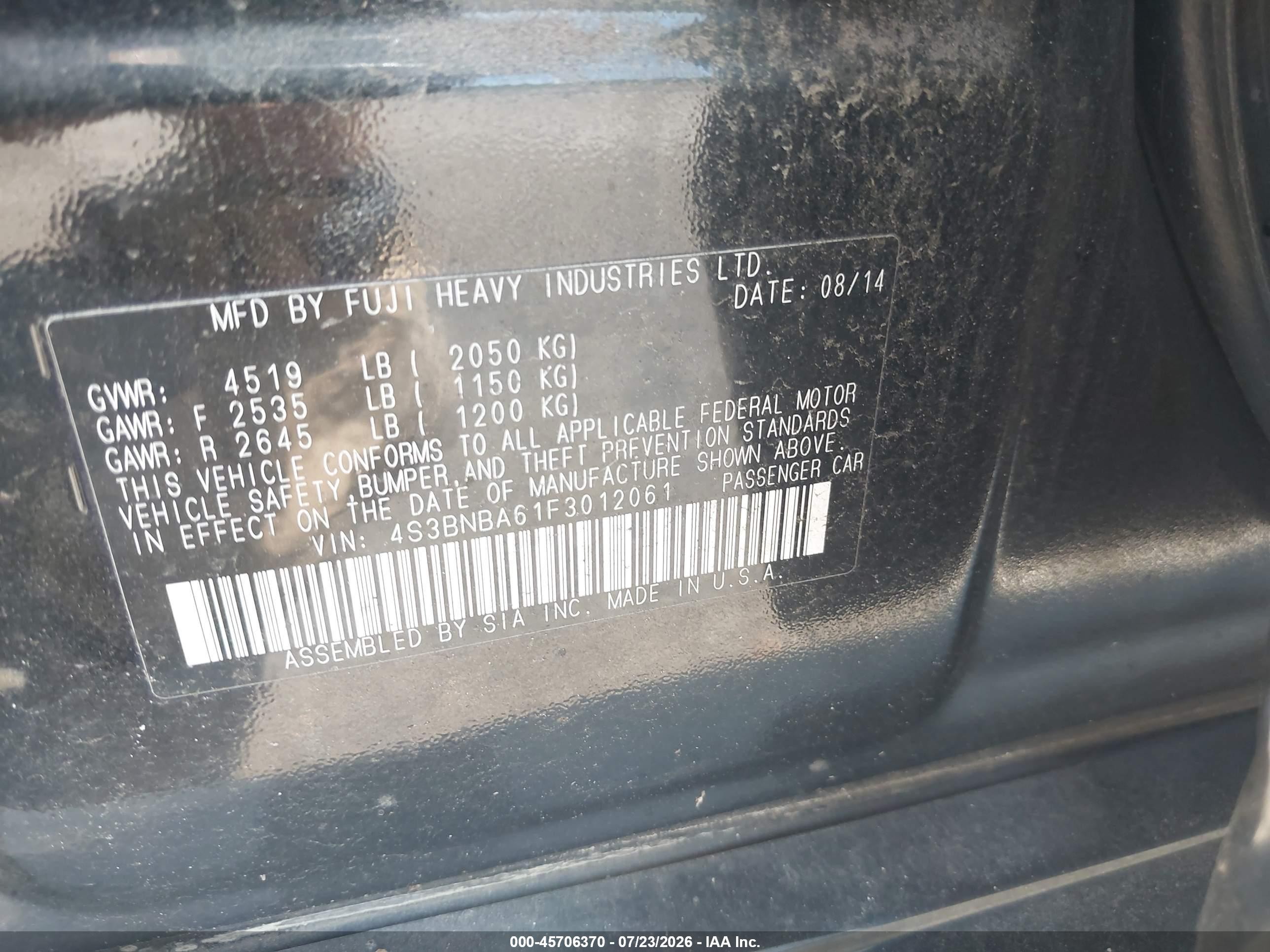 2015 Subaru Legacy 2.5i Black vin: 4S3BNBA61F3012061