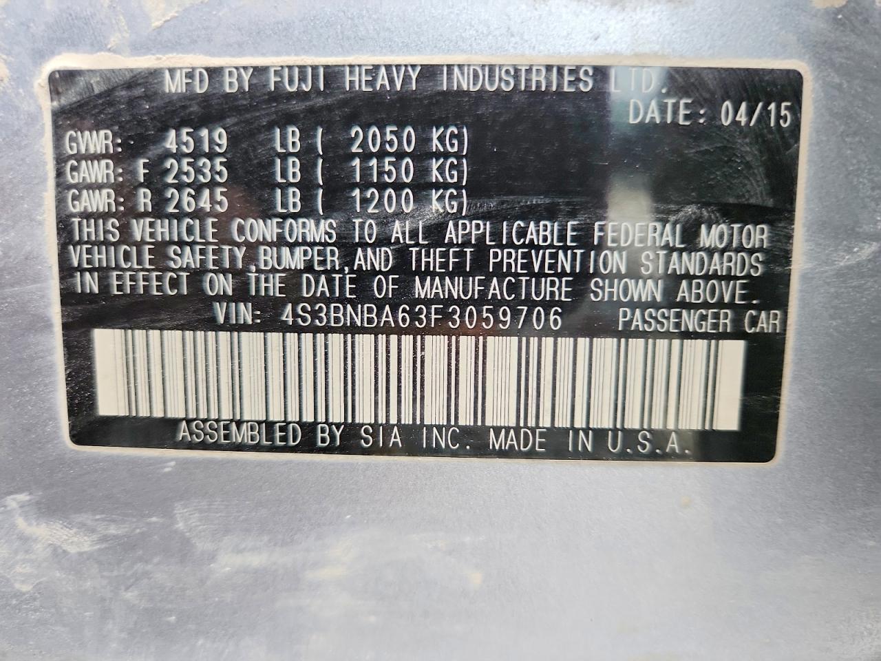 2015 Subaru Legacy 2.5i Gray vin: 4S3BNBA63F3059706