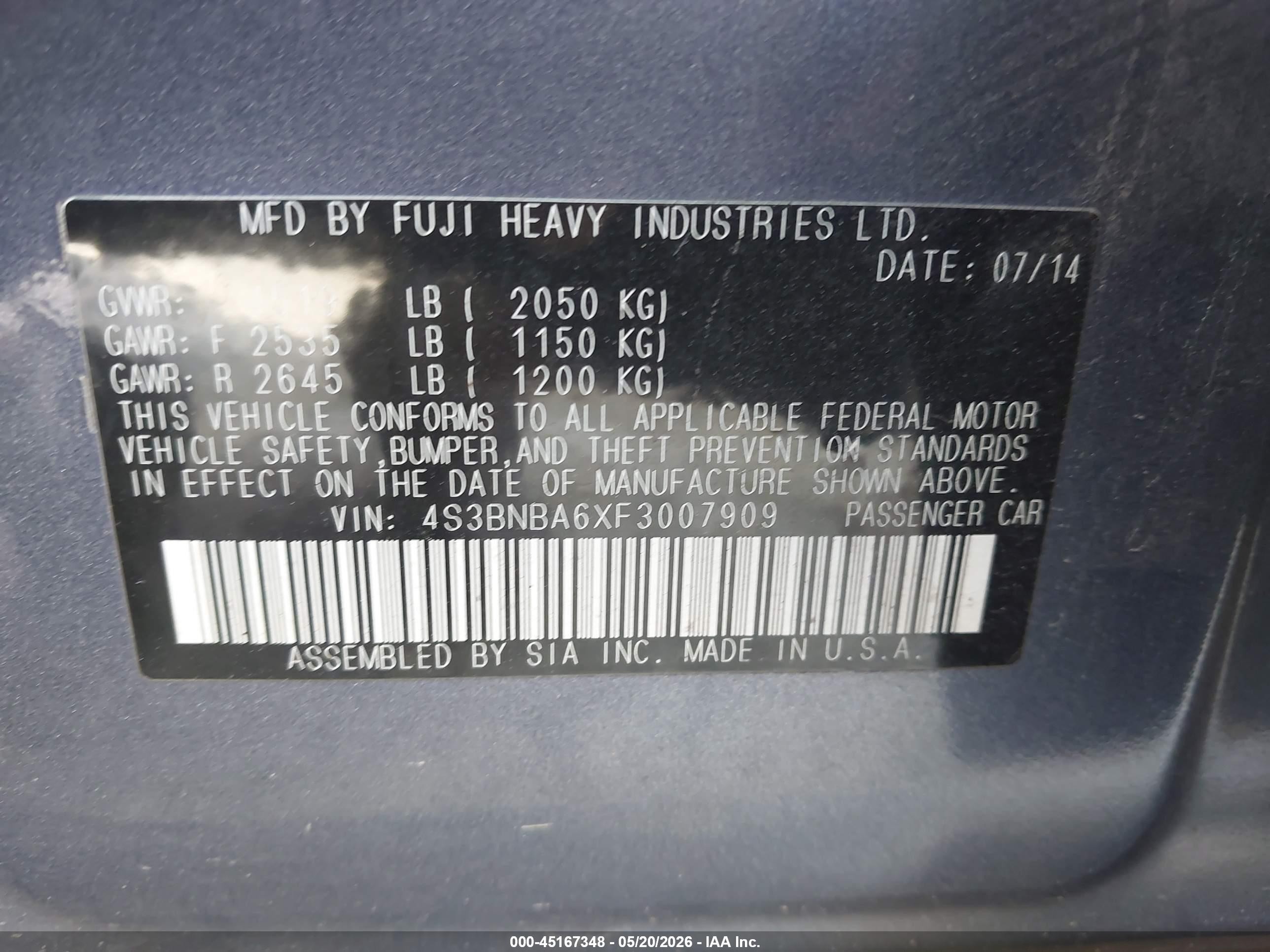 2015 Subaru Legacy 2.5i Blue vin: 4S3BNBA6XF3007909