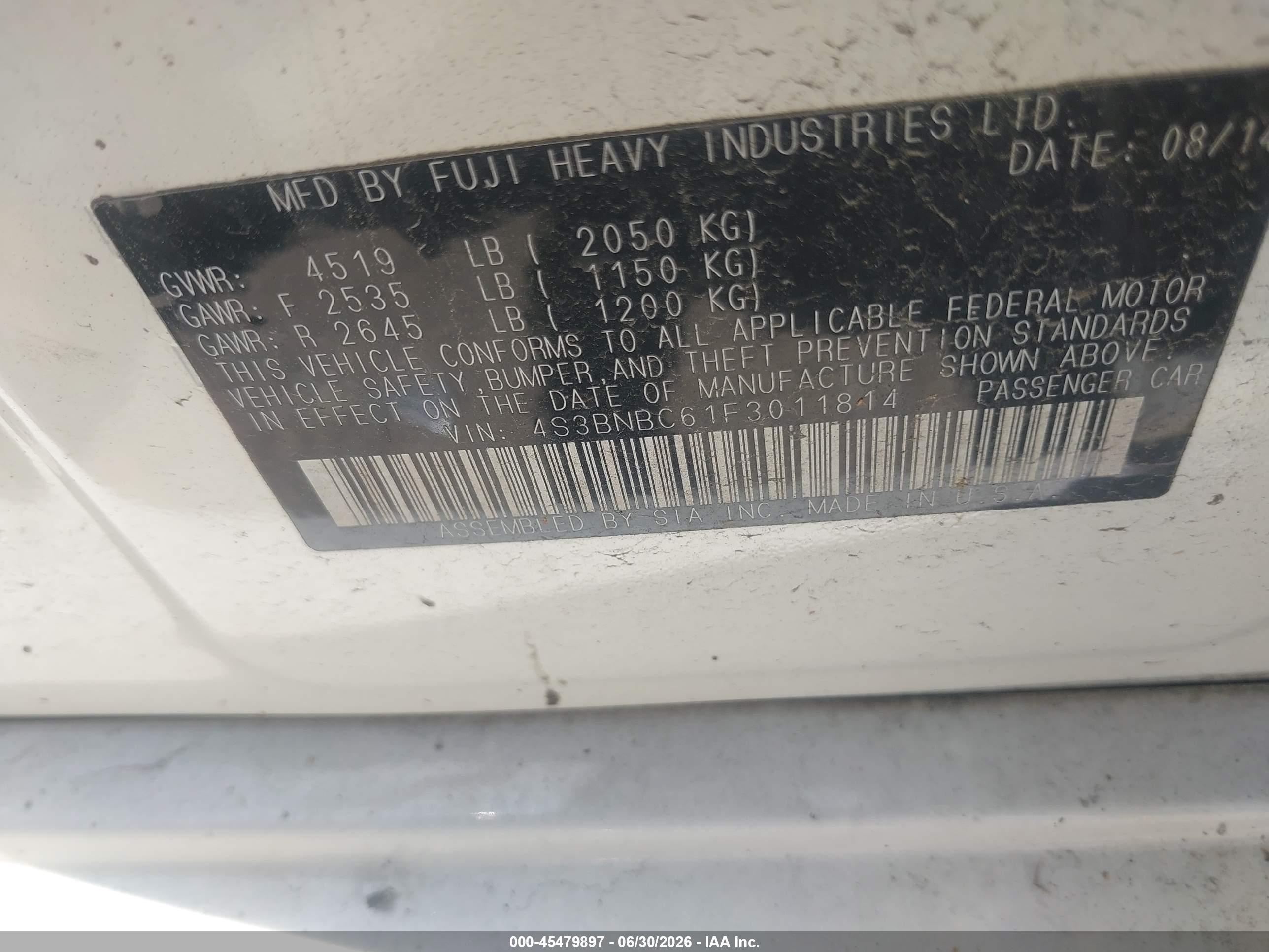 2015 Subaru Legacy 2.5i Premium White vin: 4S3BNBC61F3011814