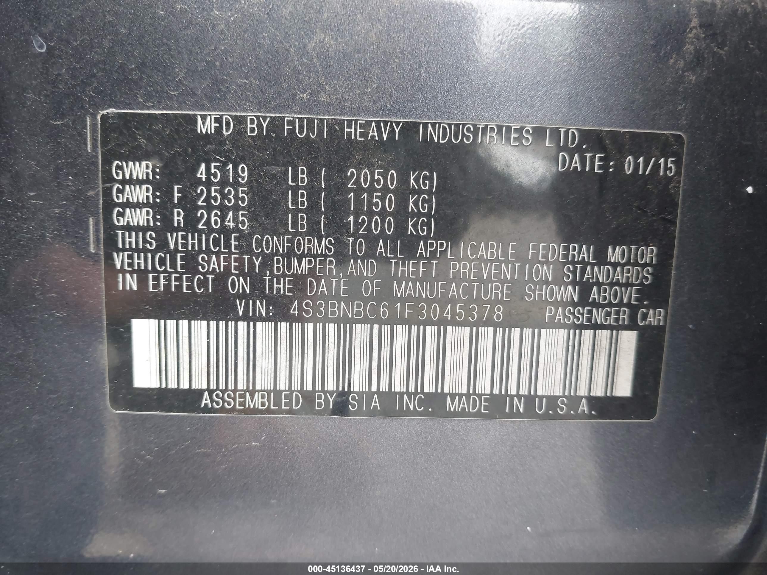 2015 Subaru Legacy 2.5i Premium Gray vin: 4S3BNBC61F3045378