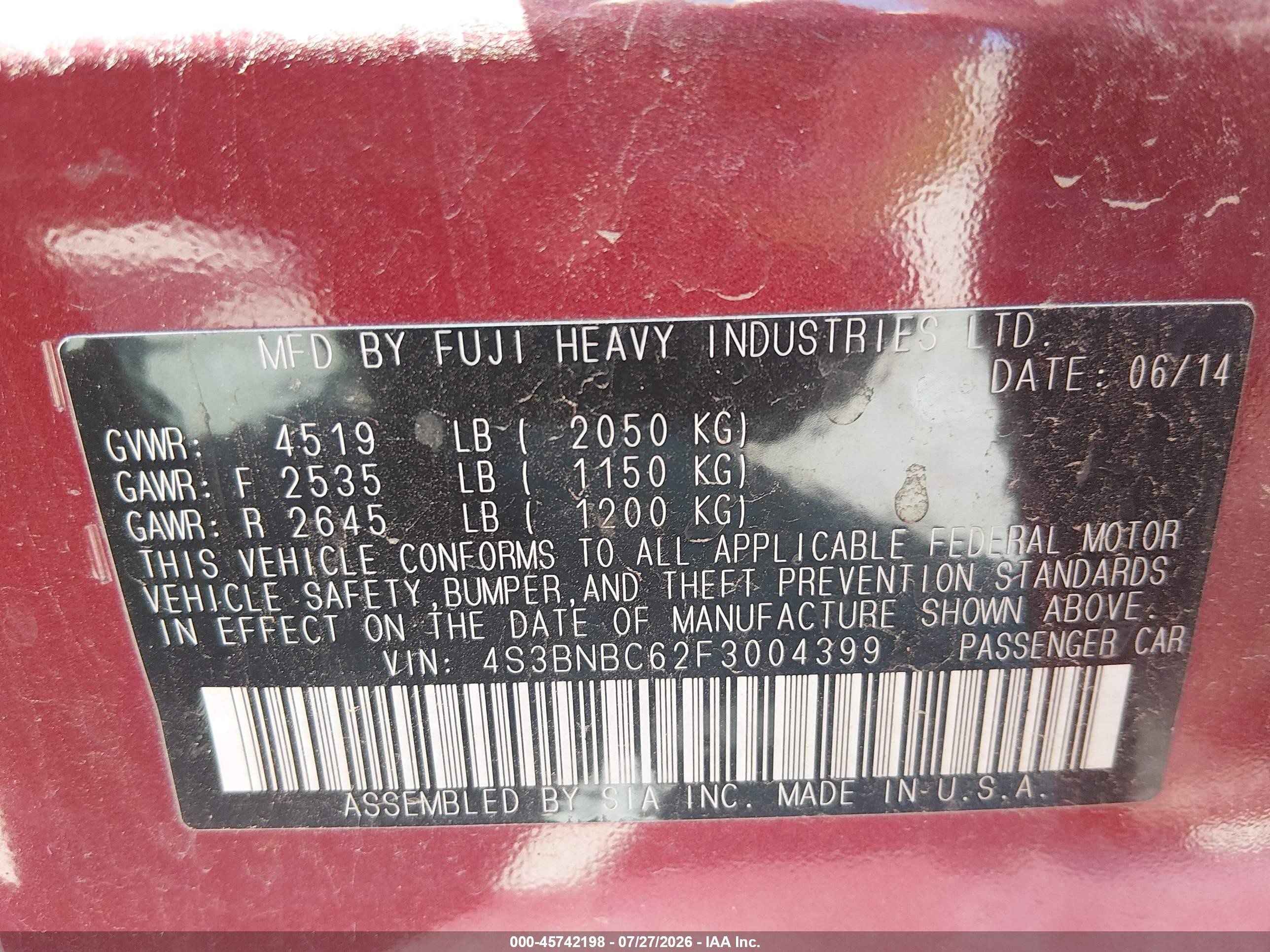 2015 Subaru Legacy 2.5i Premium Красный vin: 4S3BNBC62F3004399