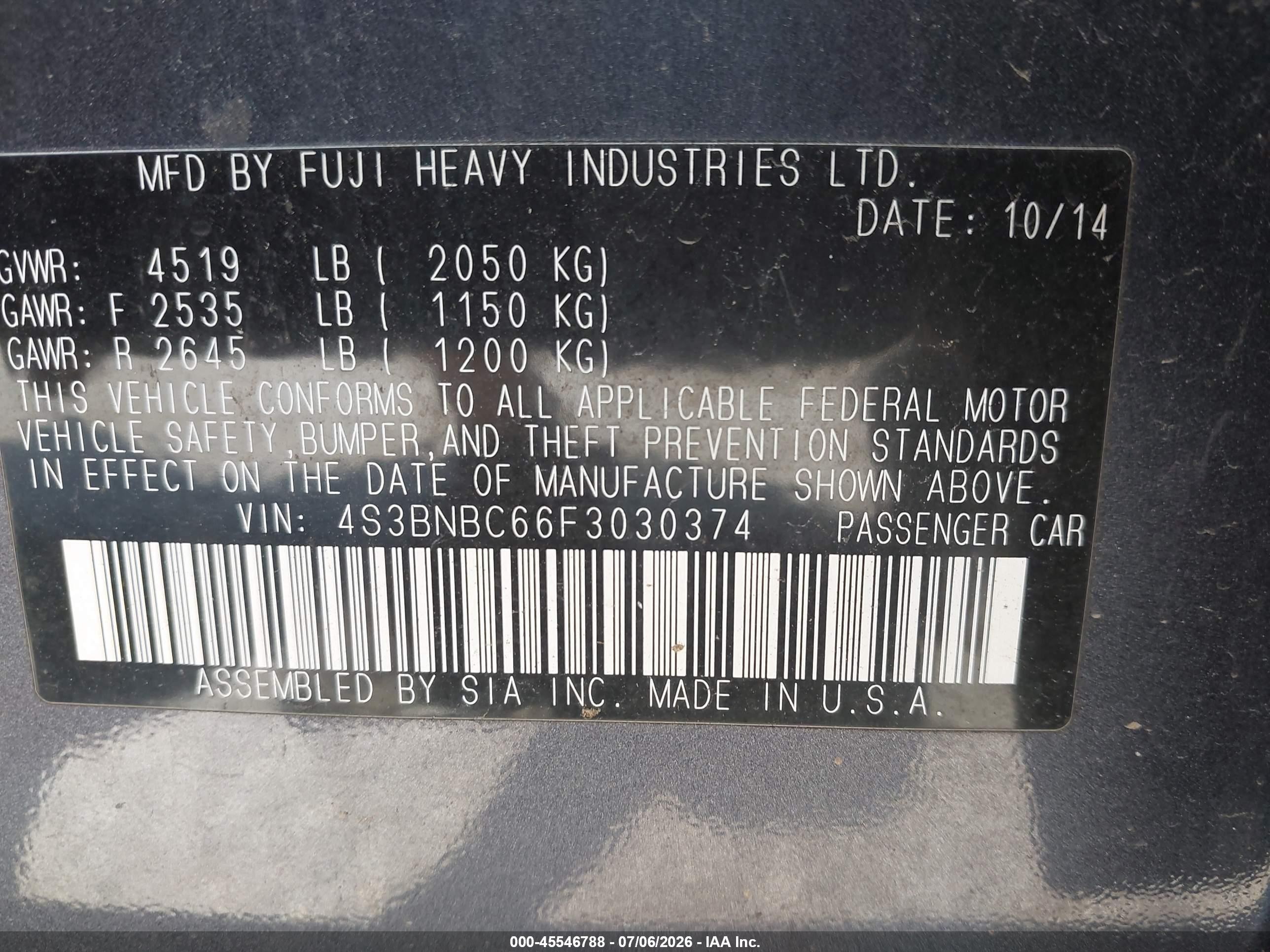 2015 Subaru Legacy 2.5i Premium Черный vin: 4S3BNBC66F3030374