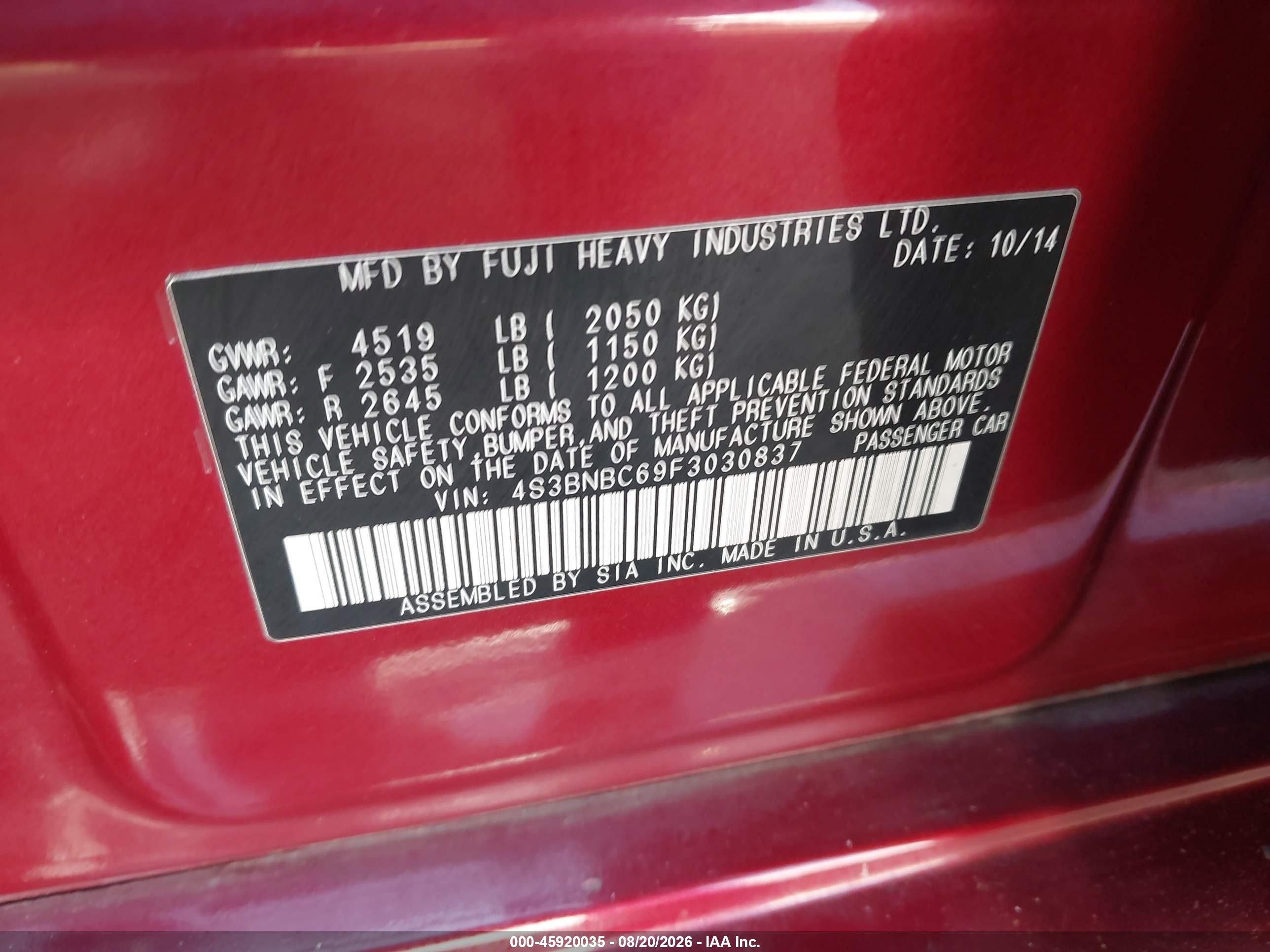 2015 Subaru Legacy 2.5i Premium Темно-бордовый vin: 4S3BNBC69F3030837
