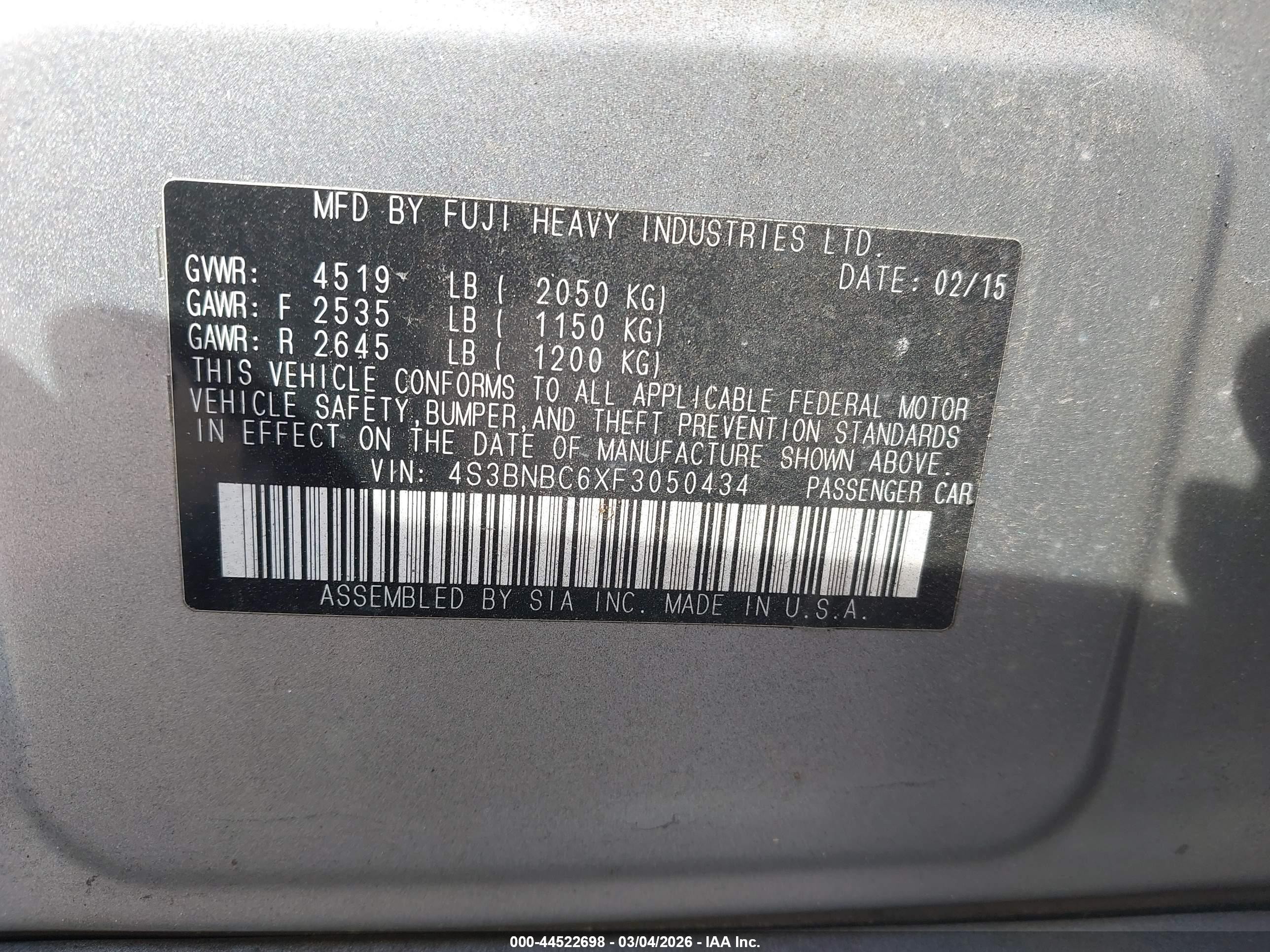 2015 Subaru Legacy 2.5i Premium Blue vin: 4S3BNBC6XF3050434