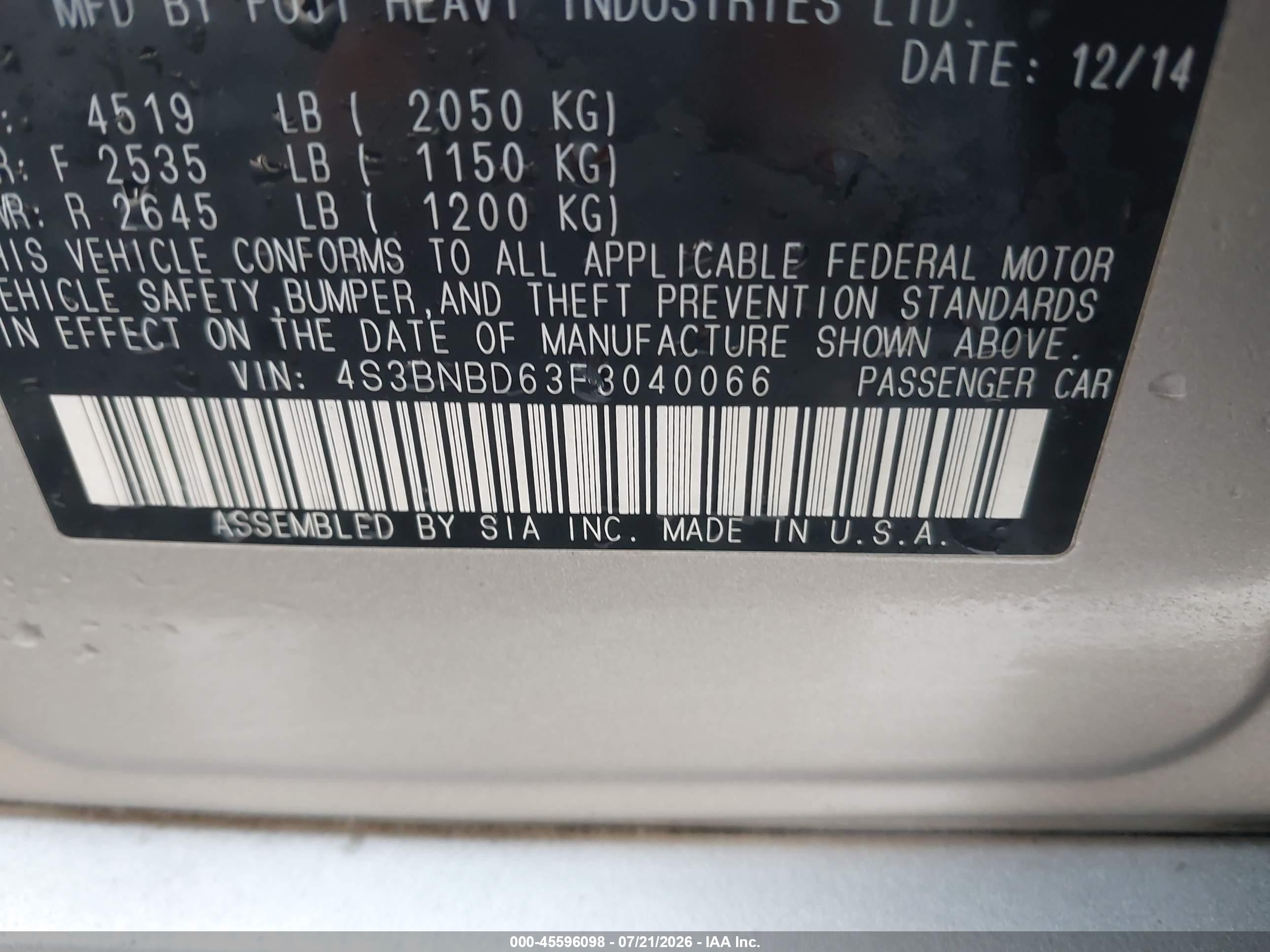 2015 Subaru Legacy 2.5i Premium Champagne vin: 4S3BNBD63F3040066