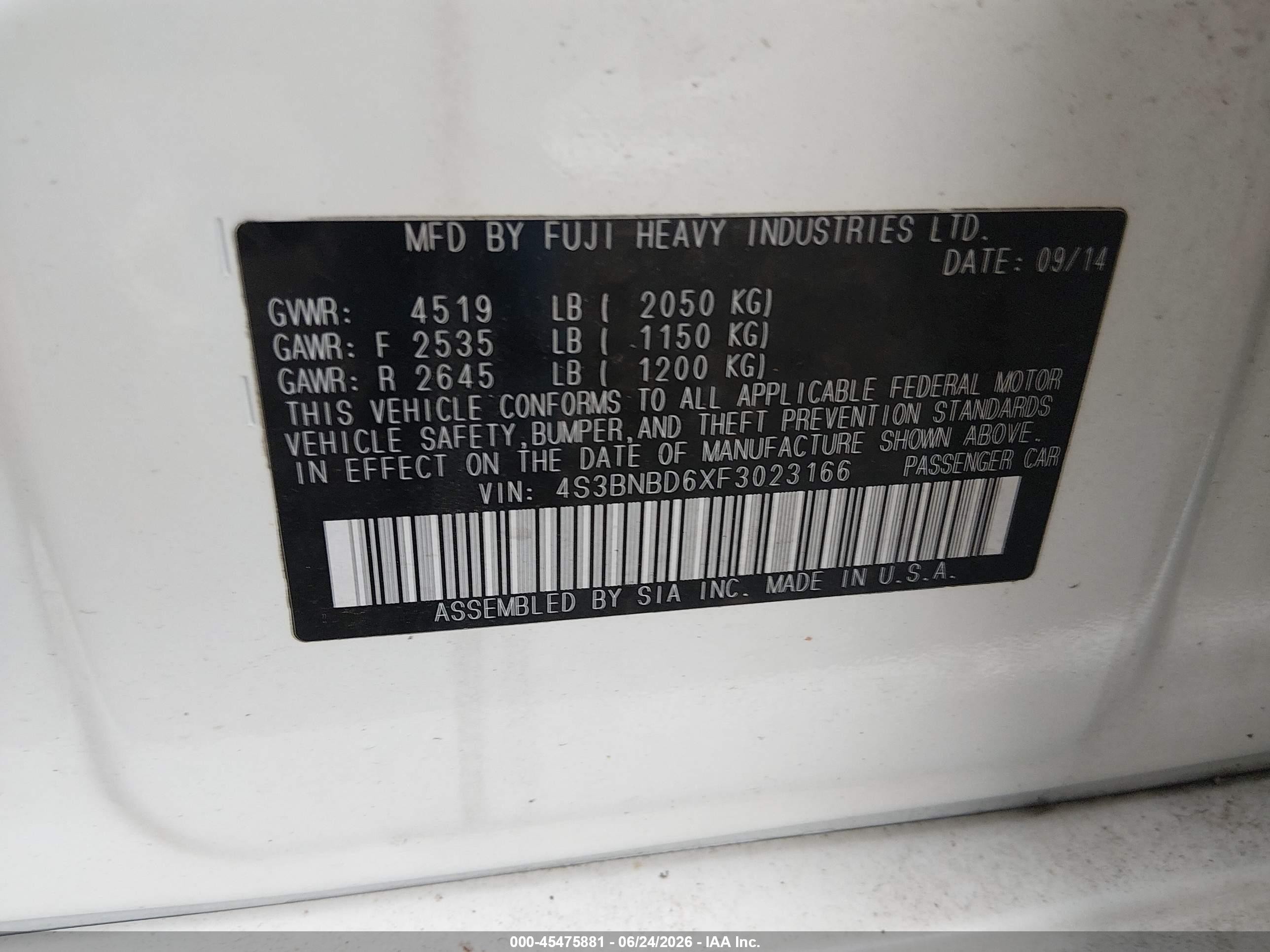 2015 Subaru Legacy 2.5i Premium White vin: 4S3BNBD6XF3023166