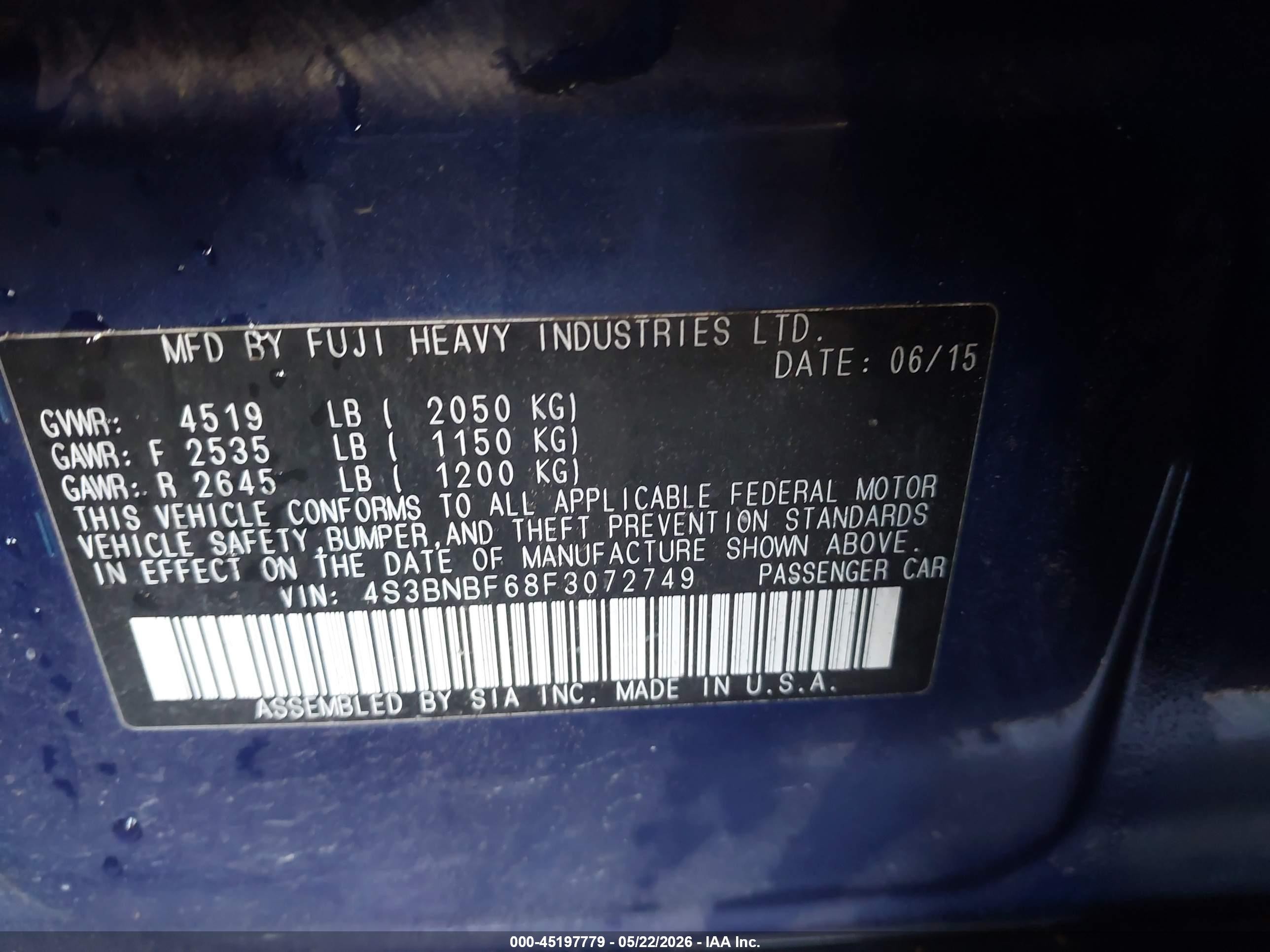 2015 Subaru Legacy 2.5i Premium Синий vin: 4S3BNBF68F3072749