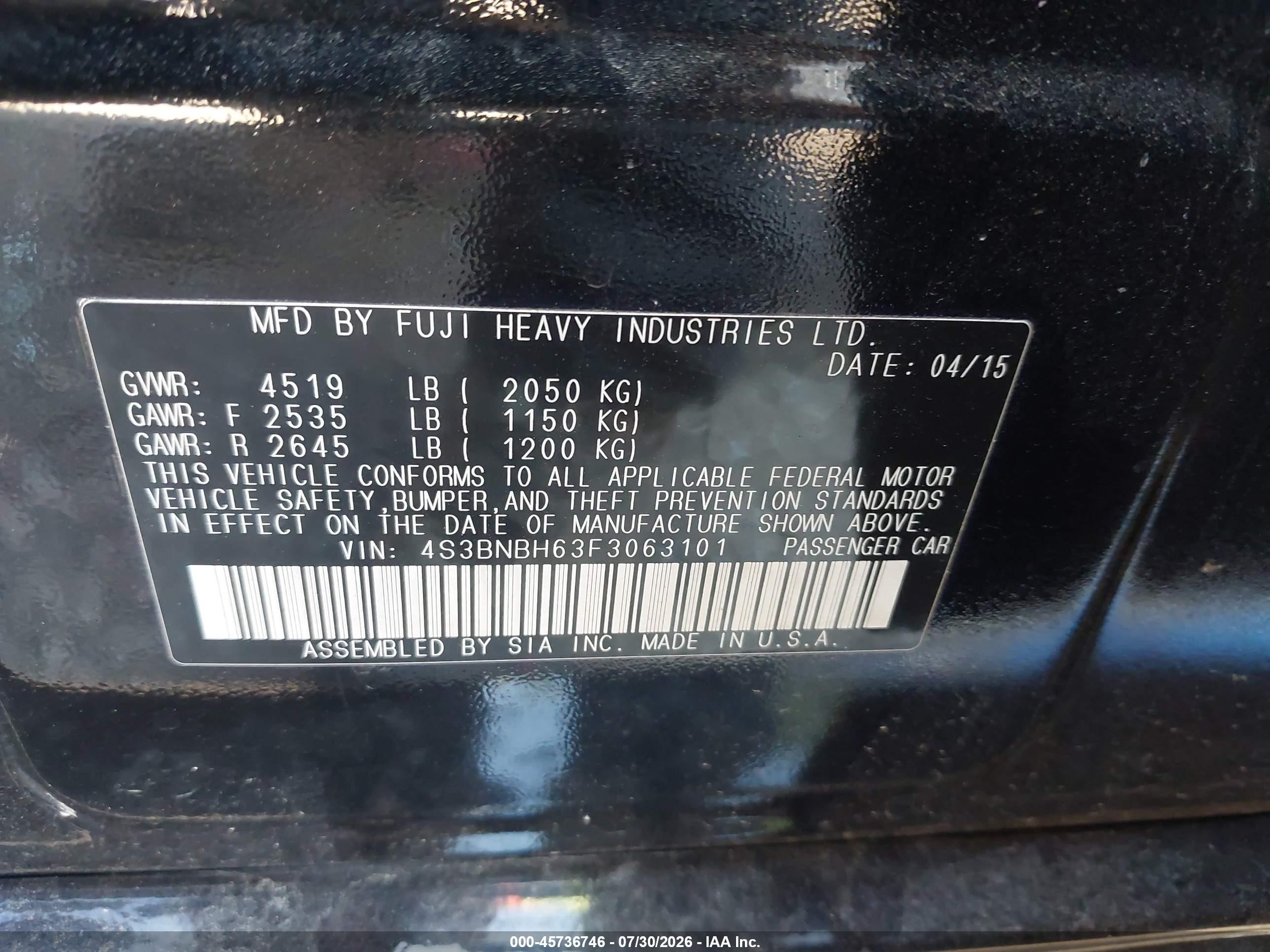 2015 Subaru Legacy 2.5i Premium Черный vin: 4S3BNBH63F3063101