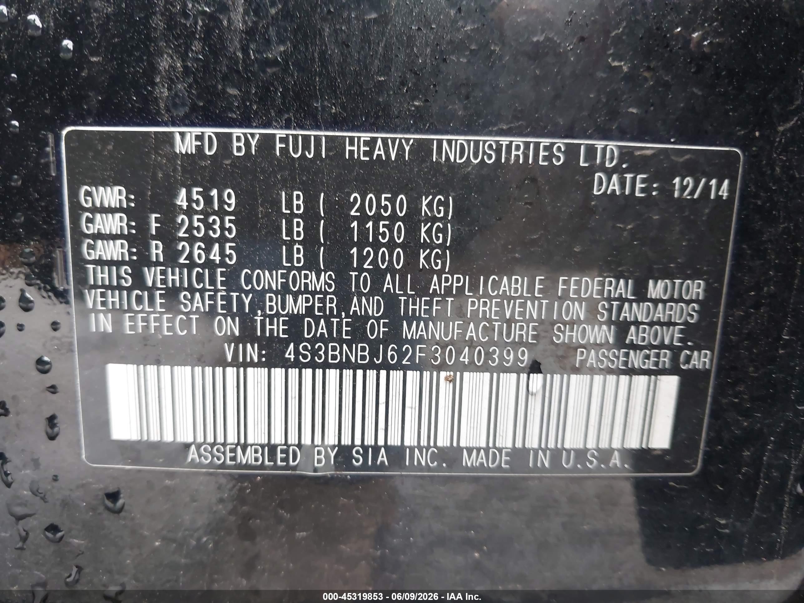 2015 Subaru Legacy 2.5i Limited Black vin: 4S3BNBJ62F3040399