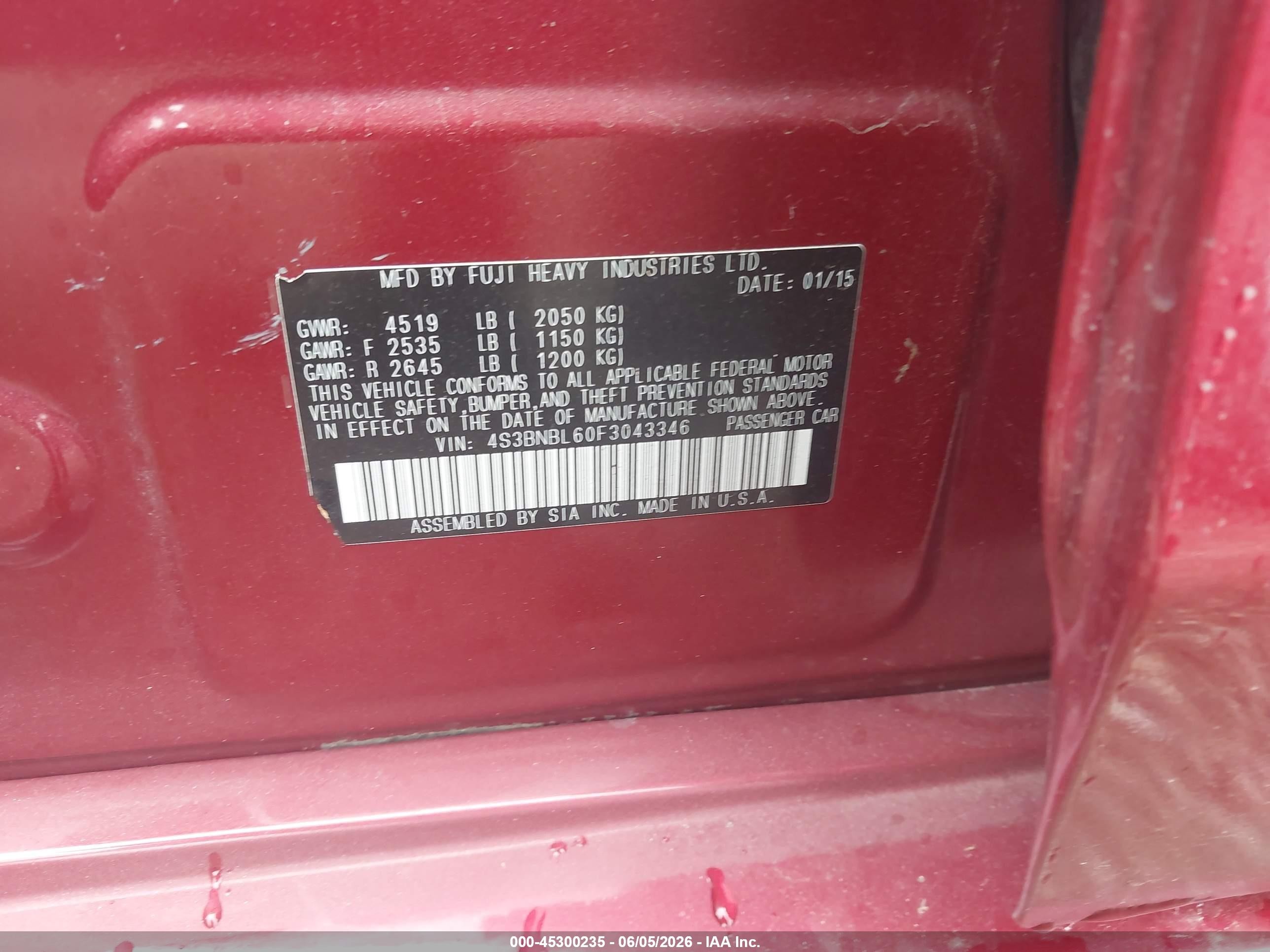 2015 Subaru Legacy 2.5i Limited Red vin: 4S3BNBL60F3043346