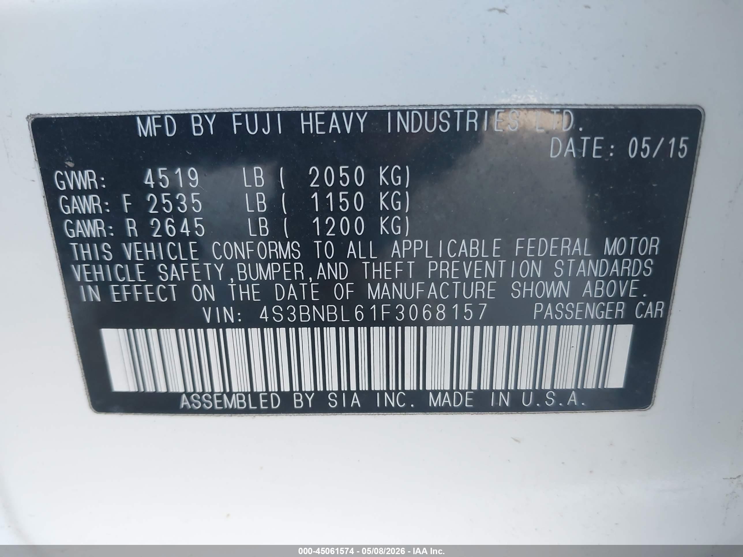 2015 Subaru Legacy 2.5i Limited White vin: 4S3BNBL61F3068157