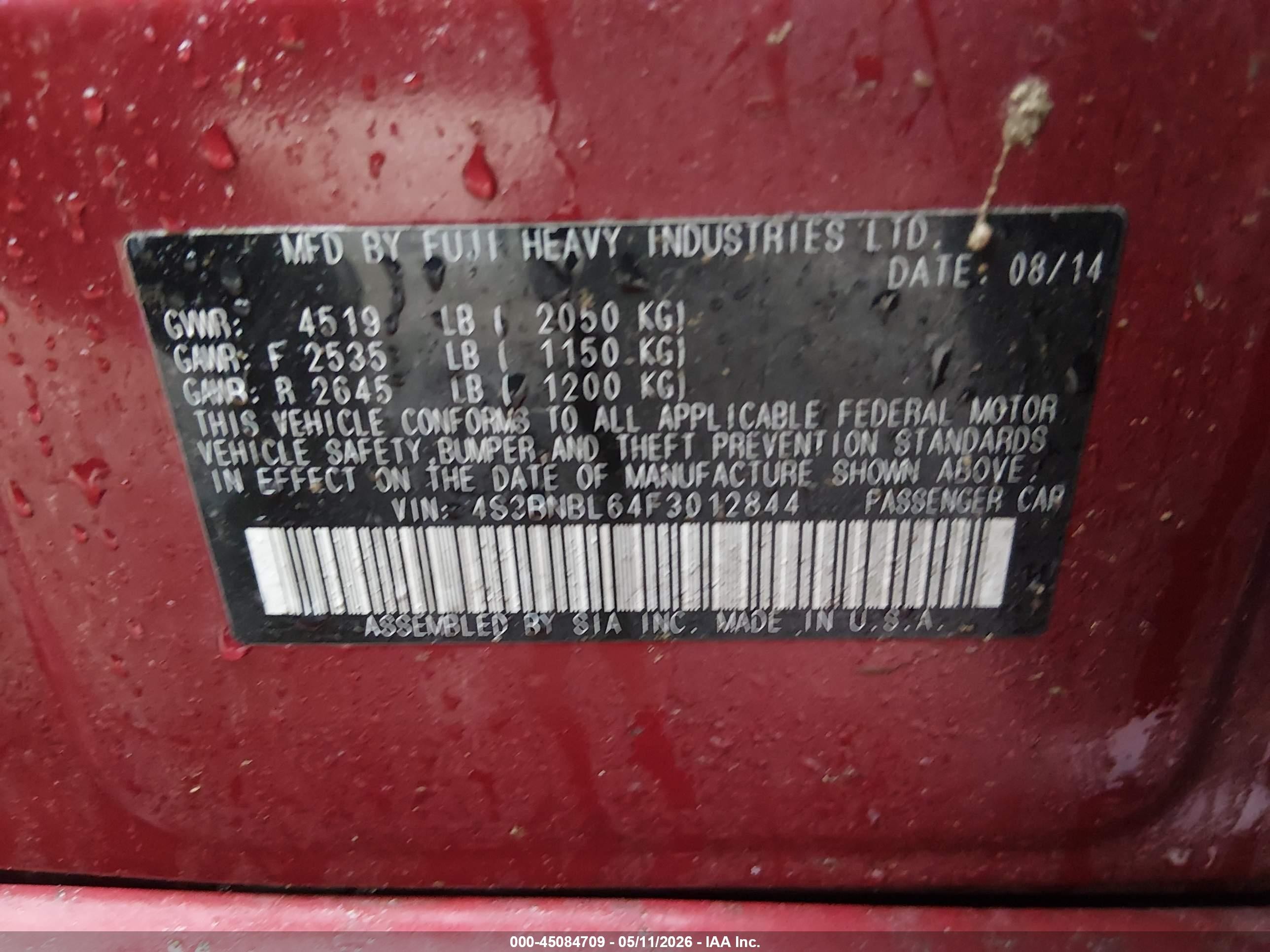 2015 Subaru Legacy 2.5i Limited Maroon vin: 4S3BNBL64F3012844