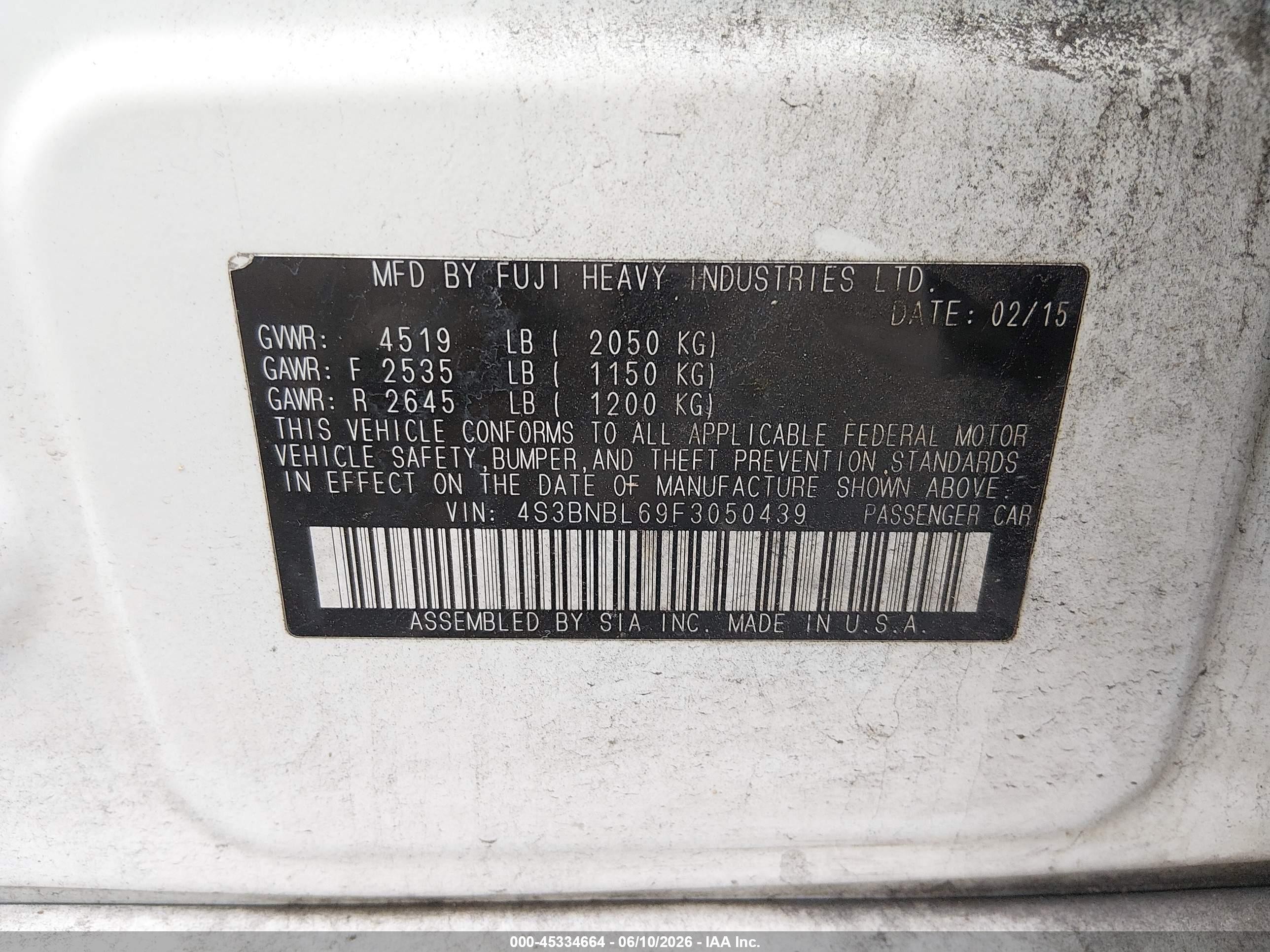 2015 Subaru Legacy 2.5i Limited White vin: 4S3BNBL69F3050439