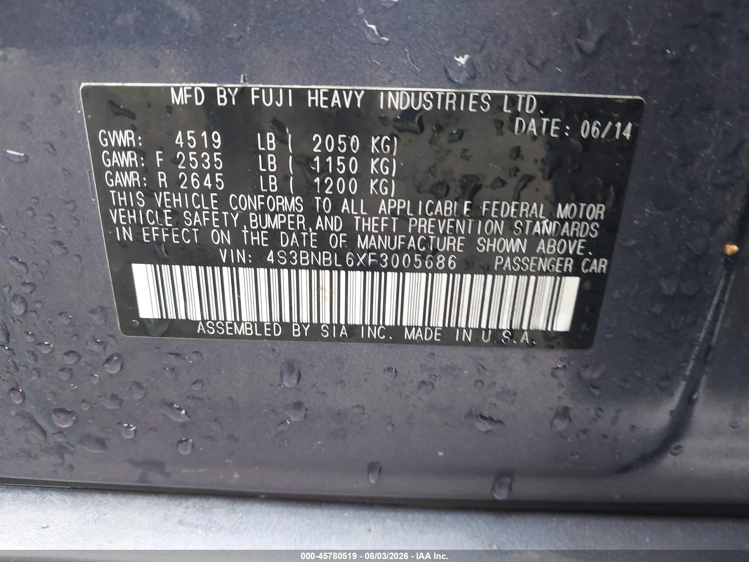 2015 Subaru Legacy 2.5i Limited Blue vin: 4S3BNBL6XF3005686