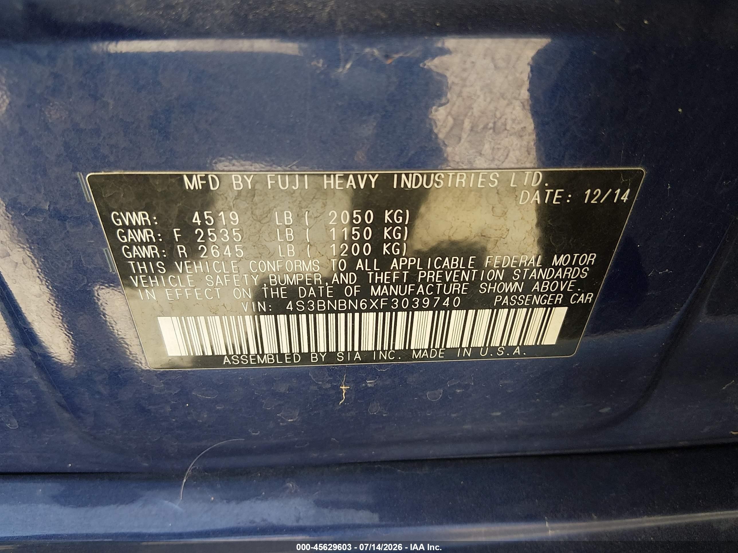 2015 Subaru Legacy 2.5i Limited Blue vin: 4S3BNBN6XF3039740