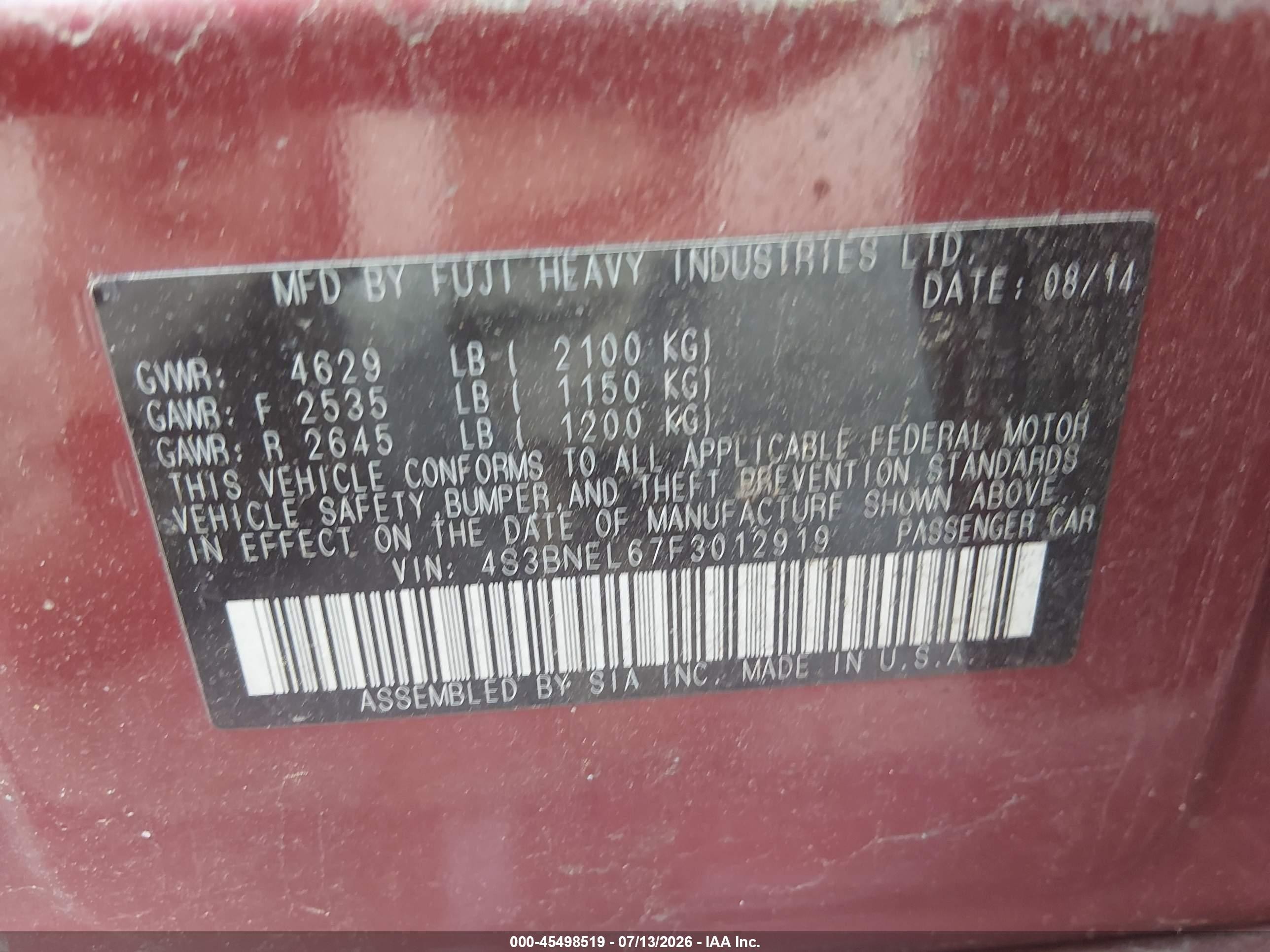 2015 Subaru Legacy 3.6r Limited Red vin: 4S3BNEL67F3012919