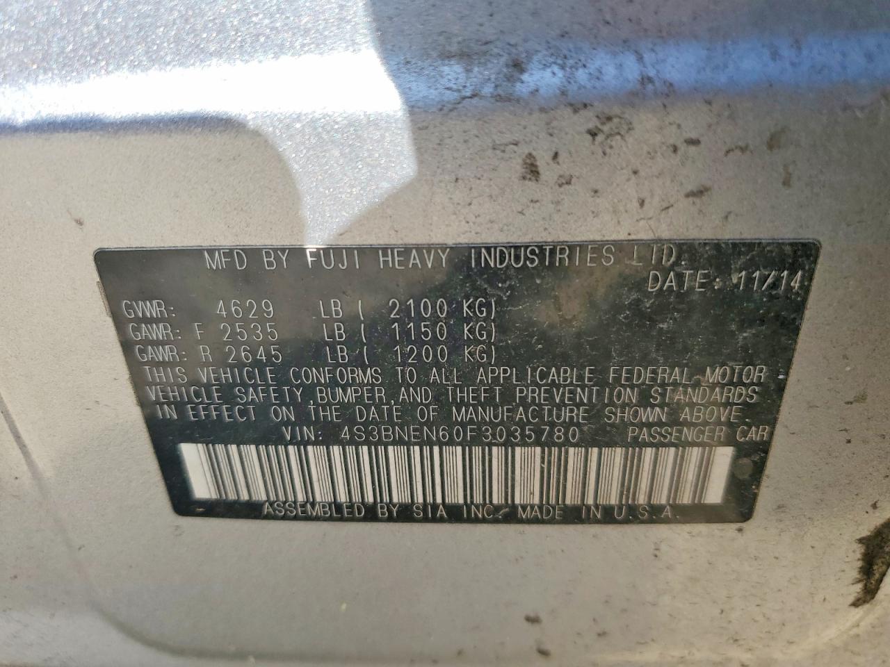 2015 Subaru Legacy 3.6r Limited Silver vin: 4S3BNEN60F3035780