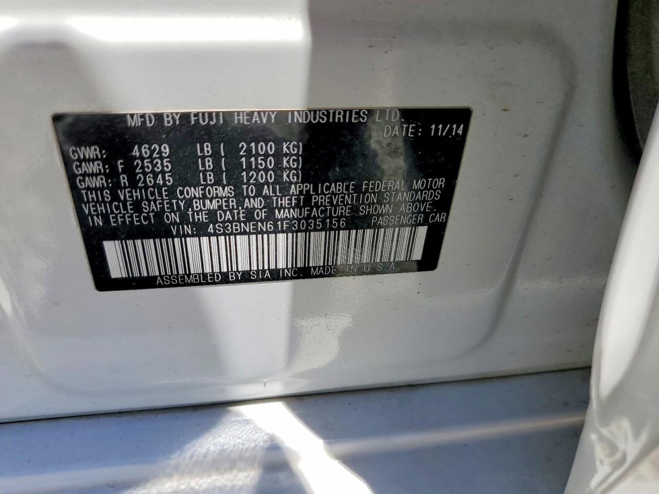 2015 Subaru Legacy 3.6r Limited White vin: 4S3BNEN61F3035156