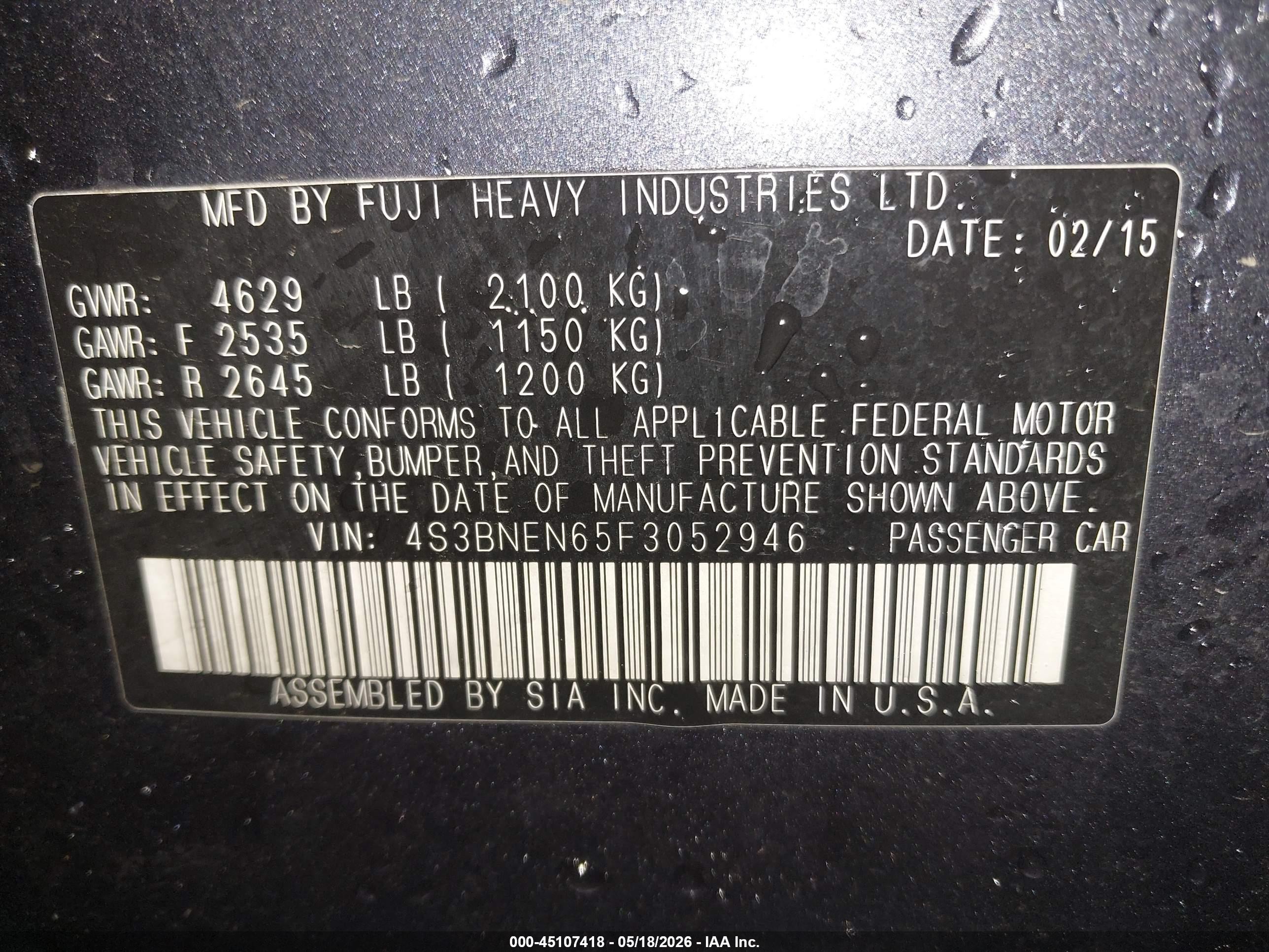 2015 Subaru Legacy 3.6r Limited Blue vin: 4S3BNEN65F3052946