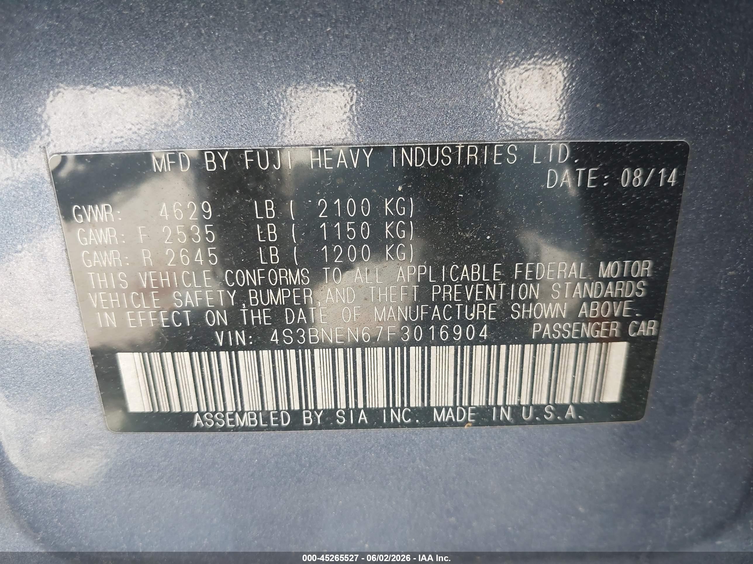 2015 Subaru Legacy 3.6r Limited Blue vin: 4S3BNEN67F3016904