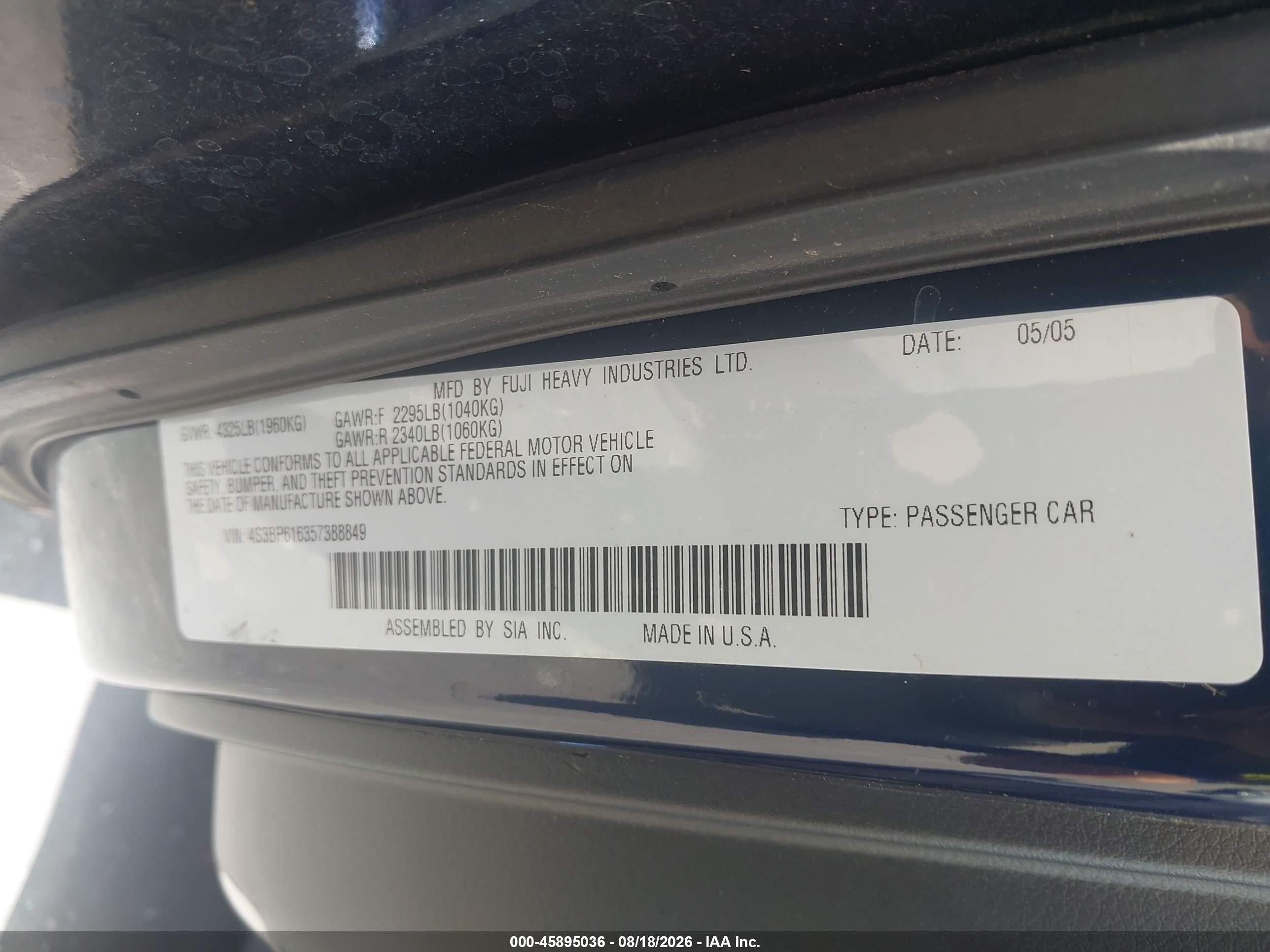2005 Subaru Legacy 2.5i Dark Blue vin: 4S3BP616357388849