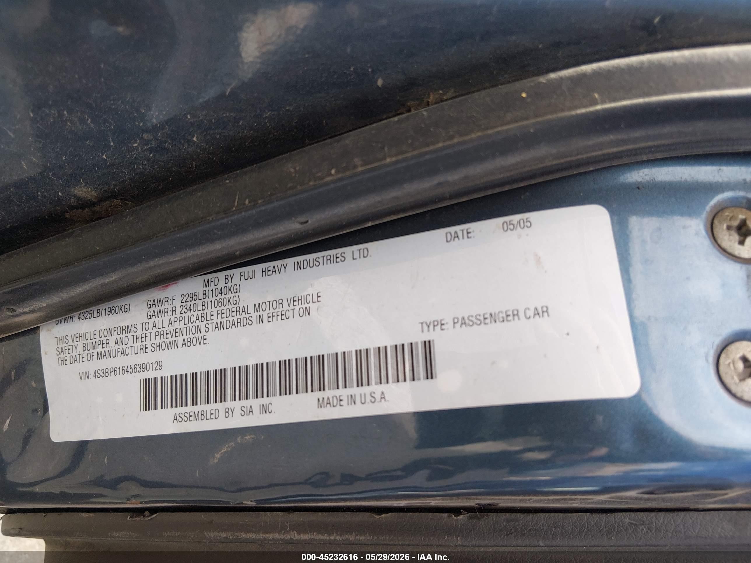 2005 Subaru Legacy 2.5i Blue vin: 4S3BP616456390129