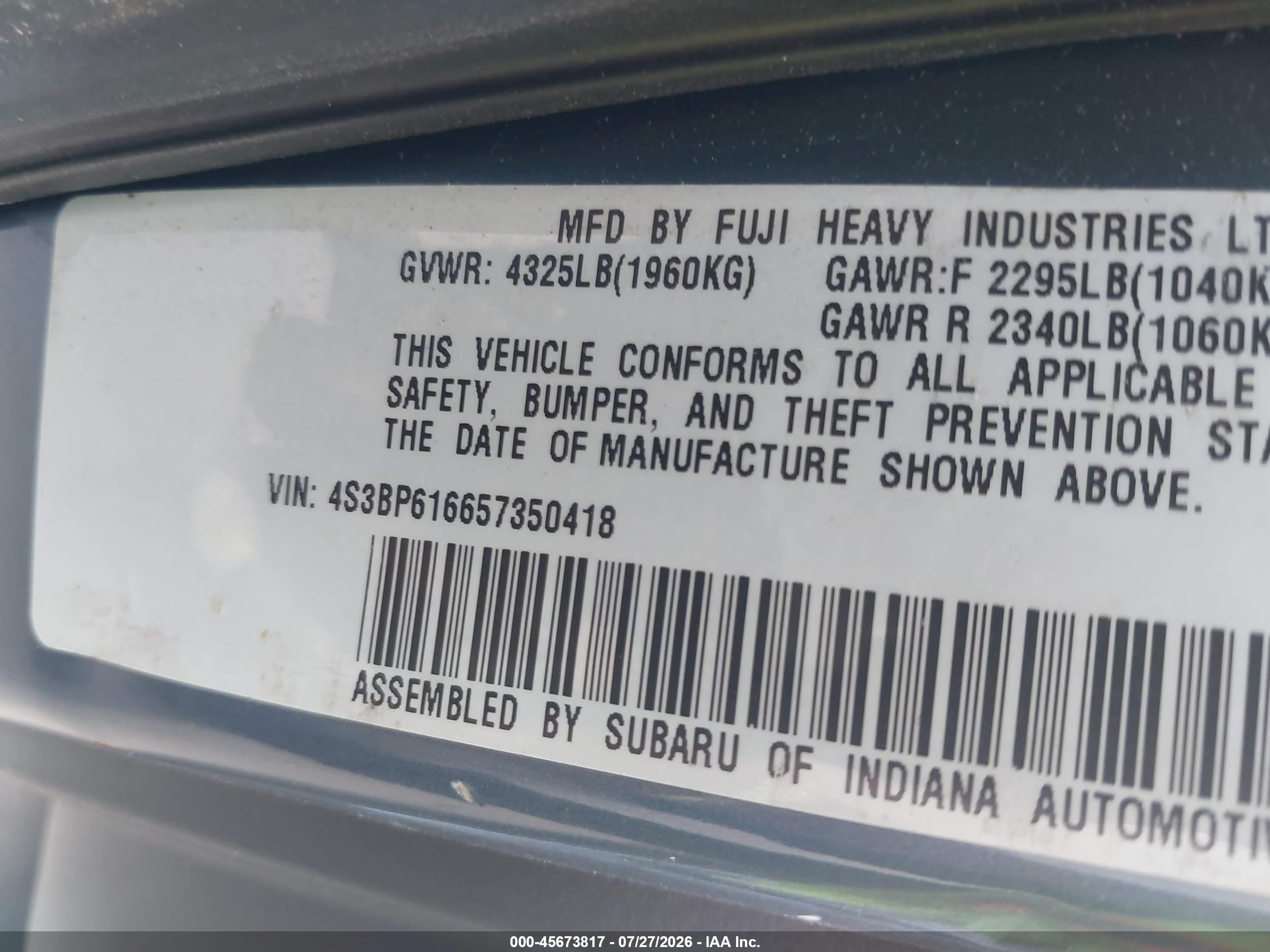 2005 Subaru Legacy 2.5i Blue vin: 4S3BP616657350418